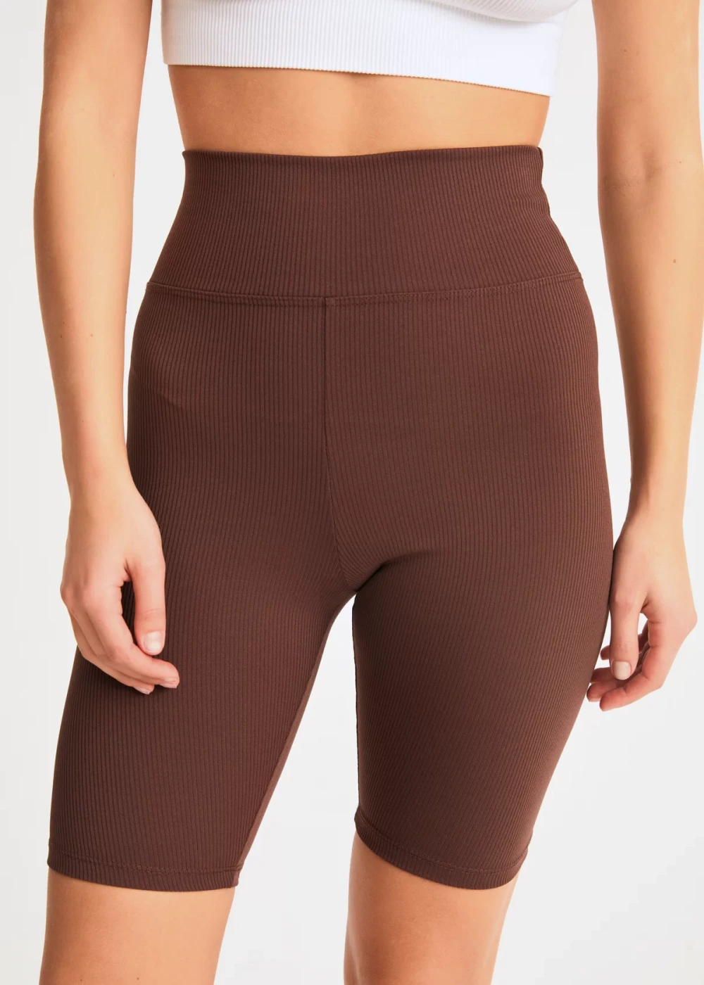Kadın Kahve Biker Fitilli Yüksek Bel Toparlayıcı Tayt