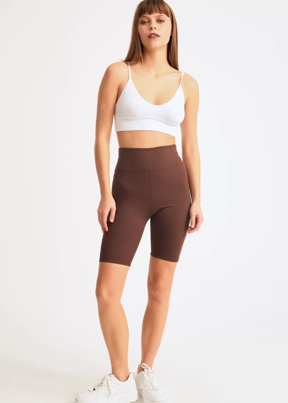 Kadın Kahve Biker Fitilli Yüksek Bel Toparlayıcı Tayt