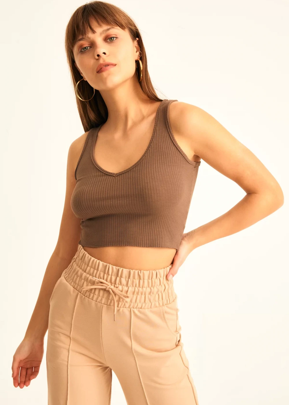 Kadın Kahve Fitilli V Yaka Crop Bluz