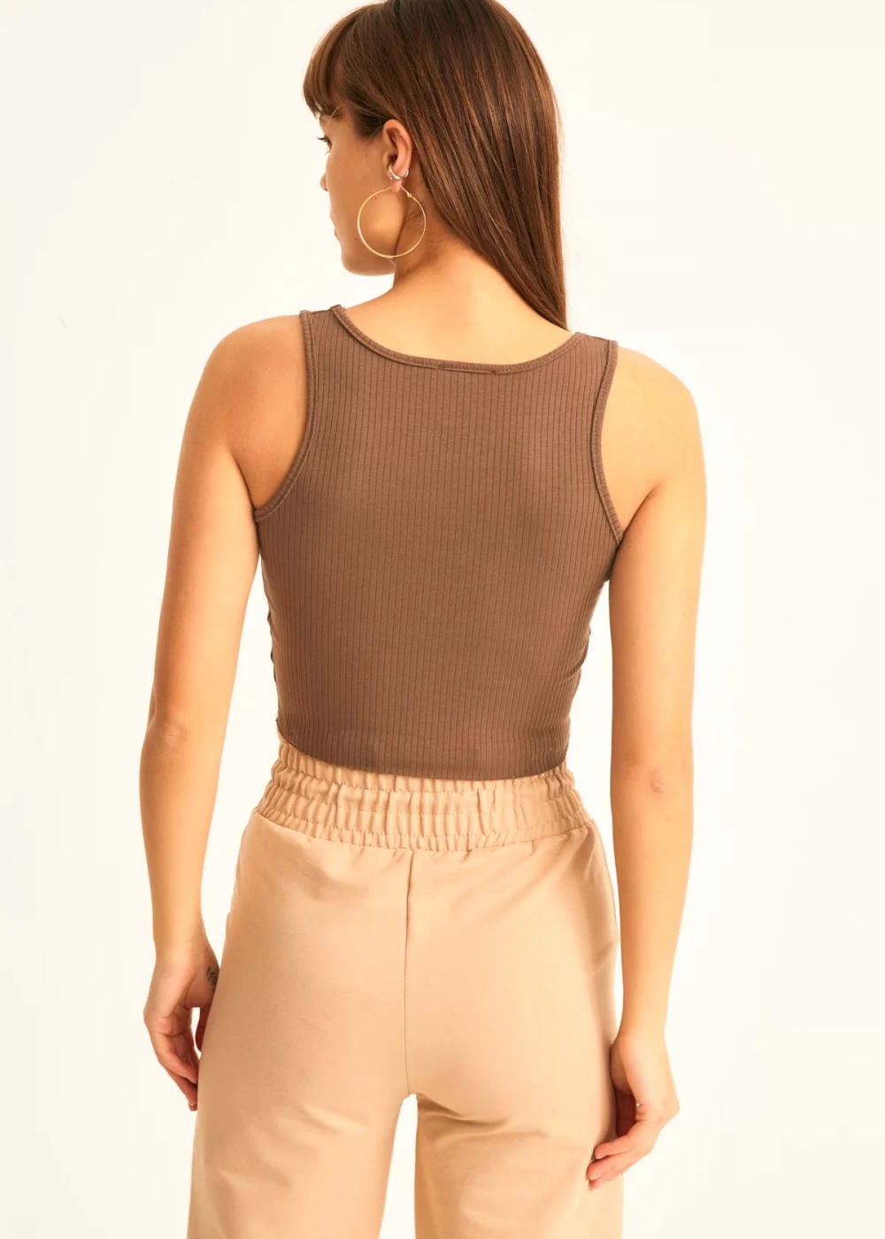 Kadın Kahve Fitilli V Yaka Crop Bluz