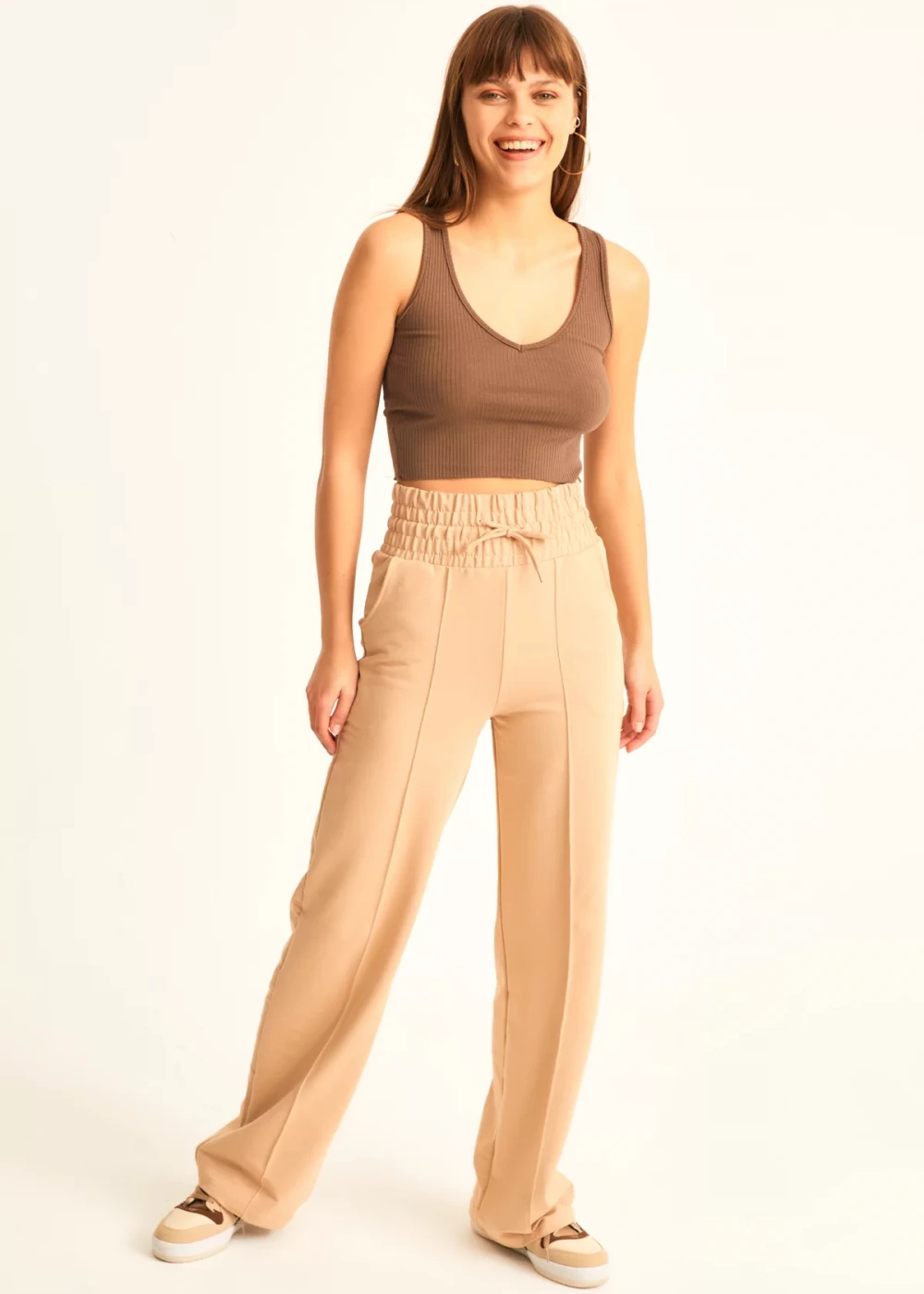 Kadın Kahve Fitilli V Yaka Crop Bluz