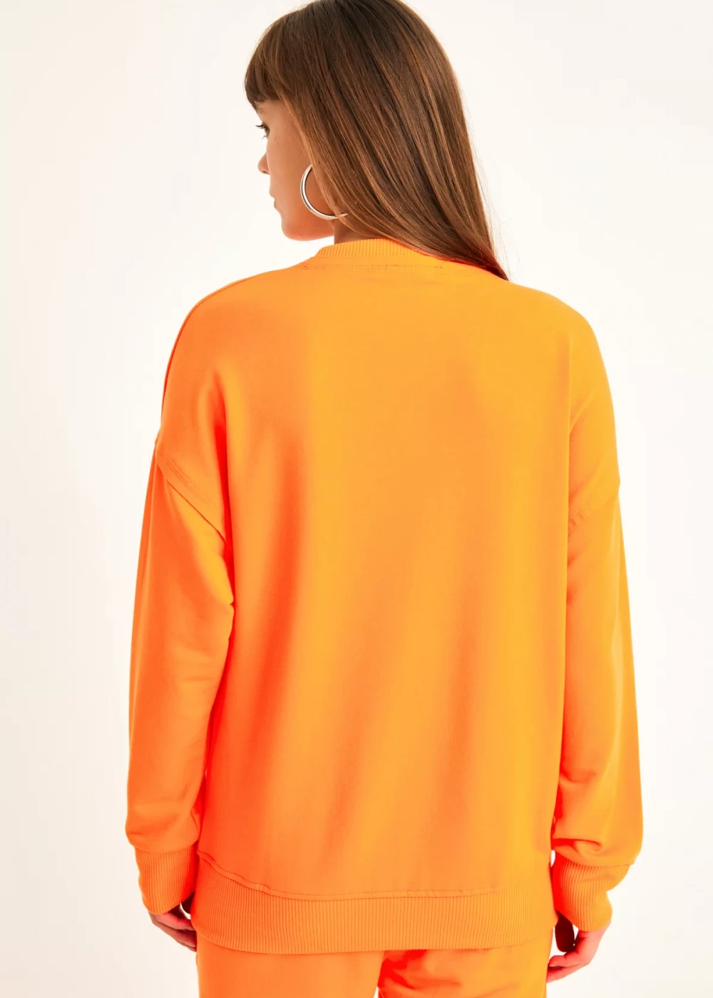 Kadın Neon Turuncu Pamuk Over Size Sweatshirt