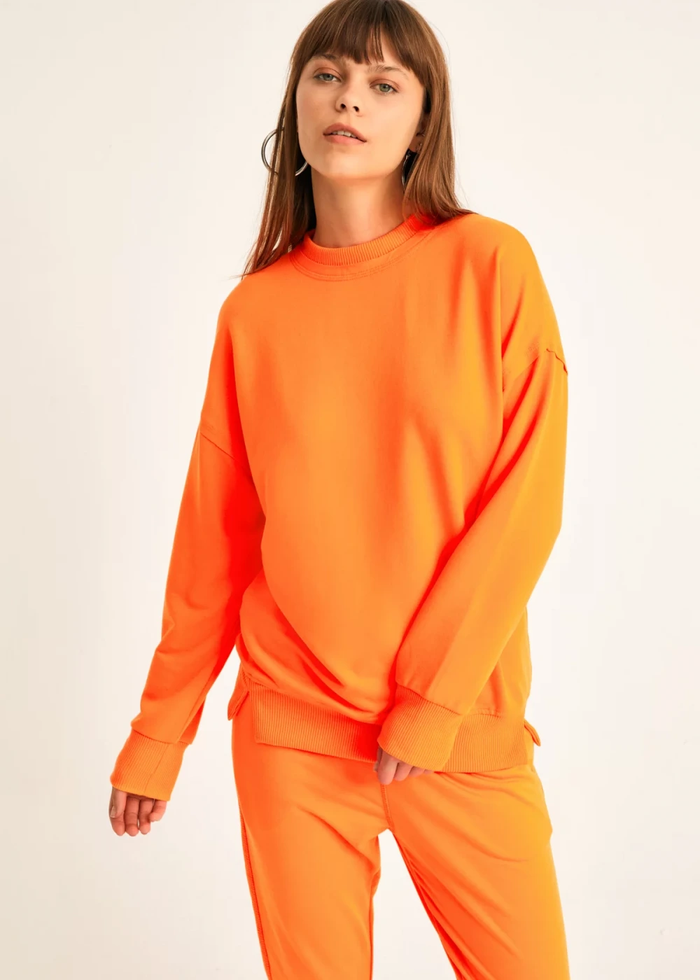 Kadın Neon Turuncu Pamuk Over Size Sweatshirt