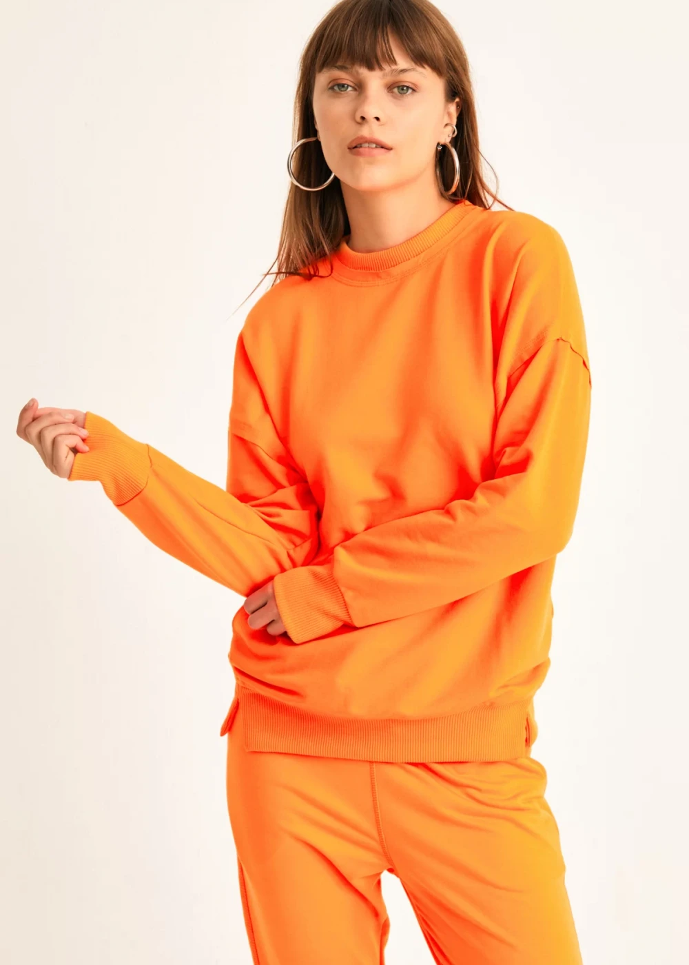 Kadın Neon Turuncu Pamuk Over Size Sweatshirt