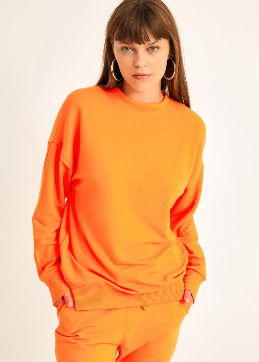 Kadın Neon Turuncu Pamuk Over Size Sweatshirt