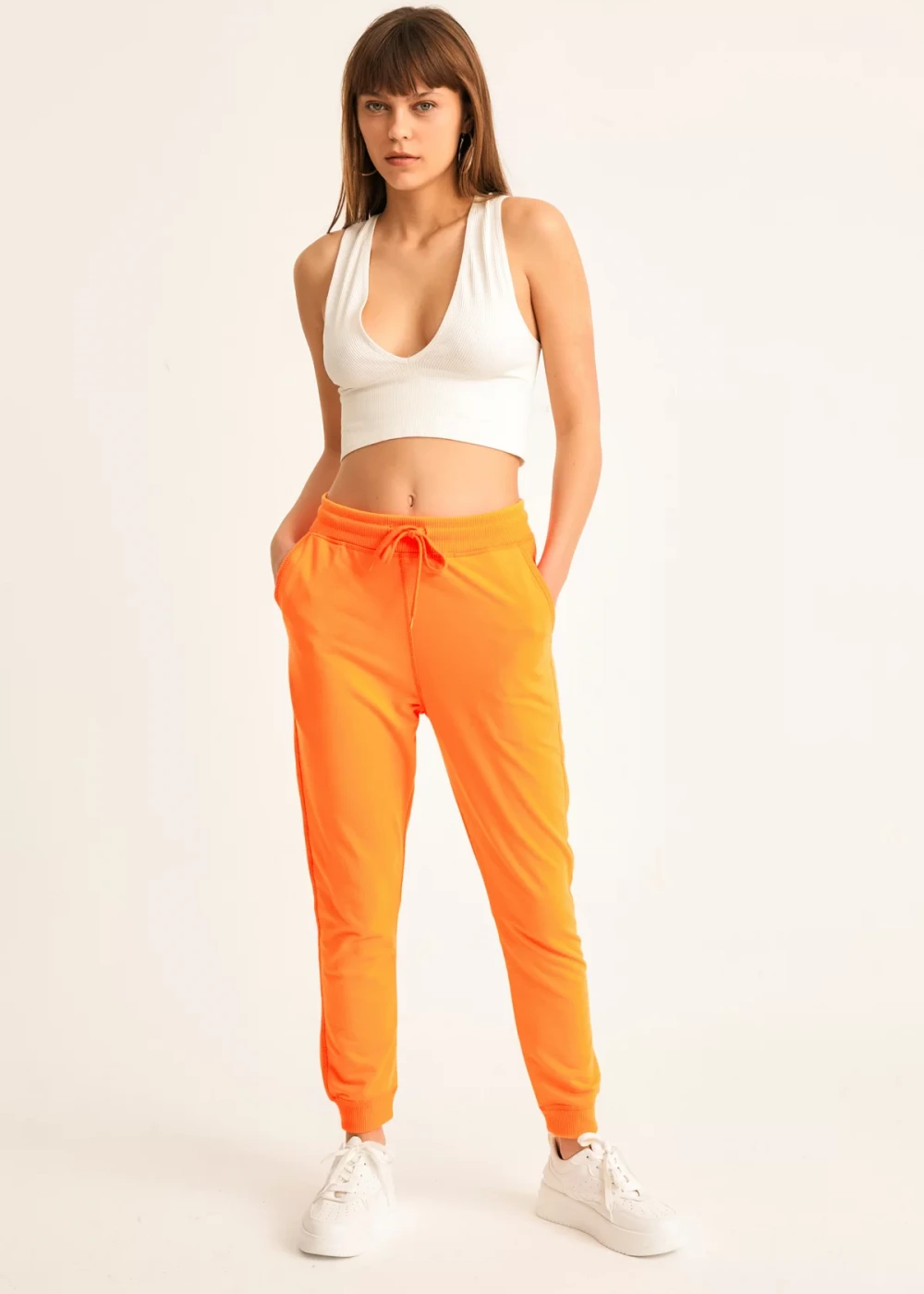 Kadın Neon Turuncu Ribana Detay Eşofman Altı