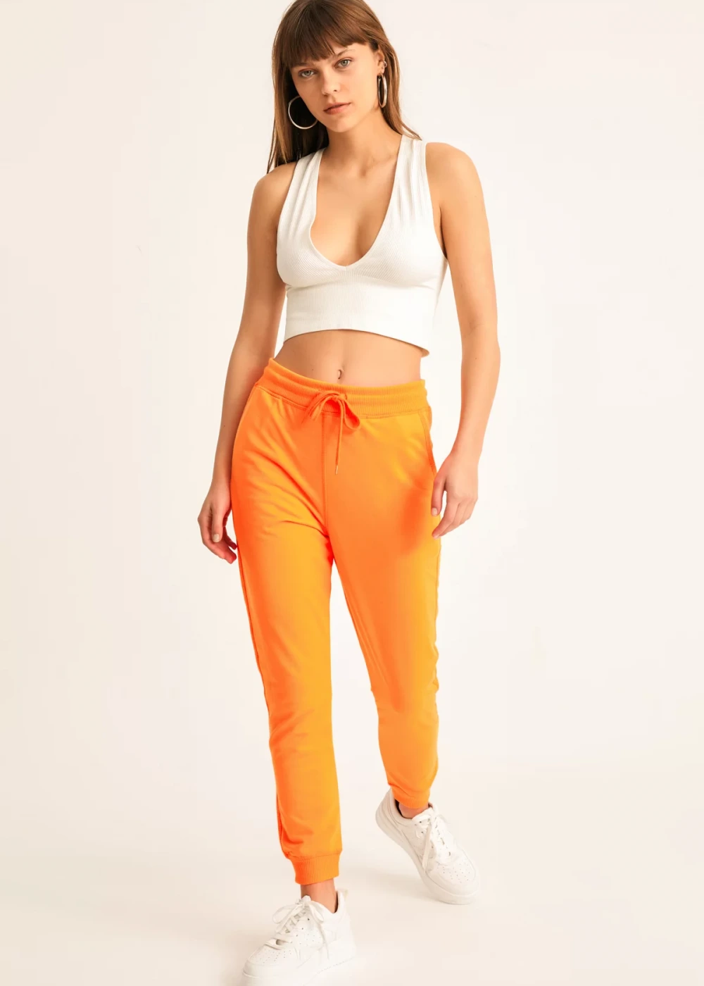 Kadın Neon Turuncu Ribana Detay Eşofman Altı