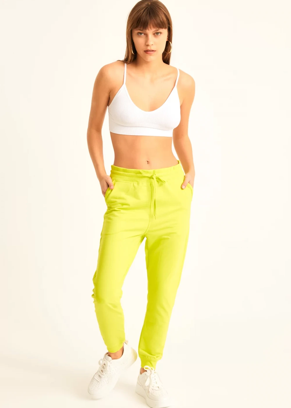 Kadın Neon Yeşil Ribana Detay Eşofman Altı