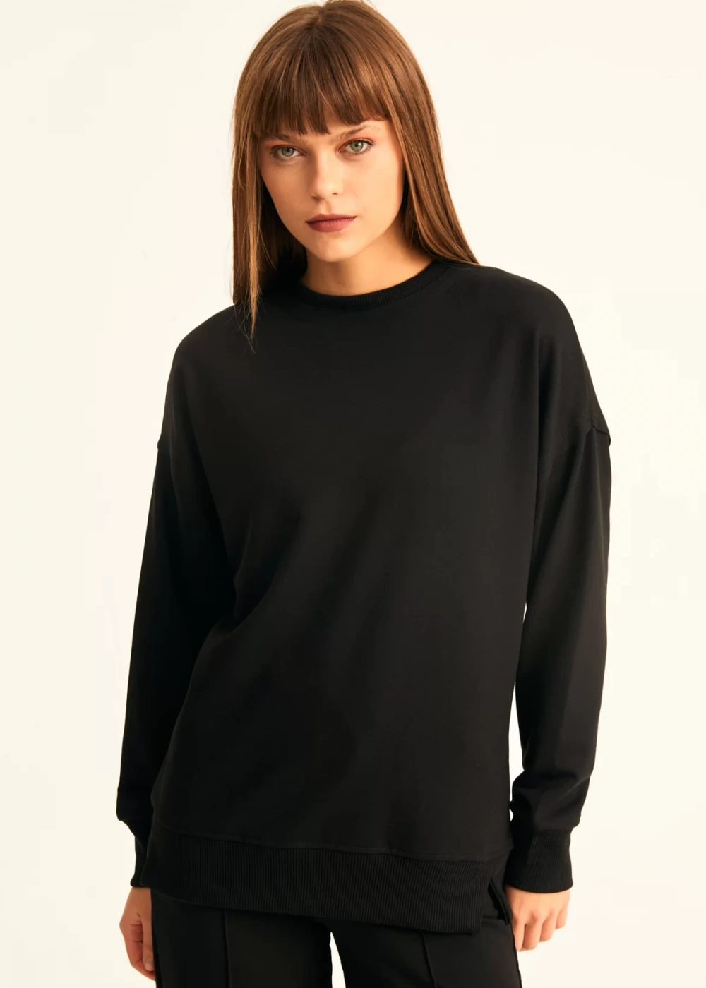 Kadın Siyah Pamuk Over Size Sweatshirt