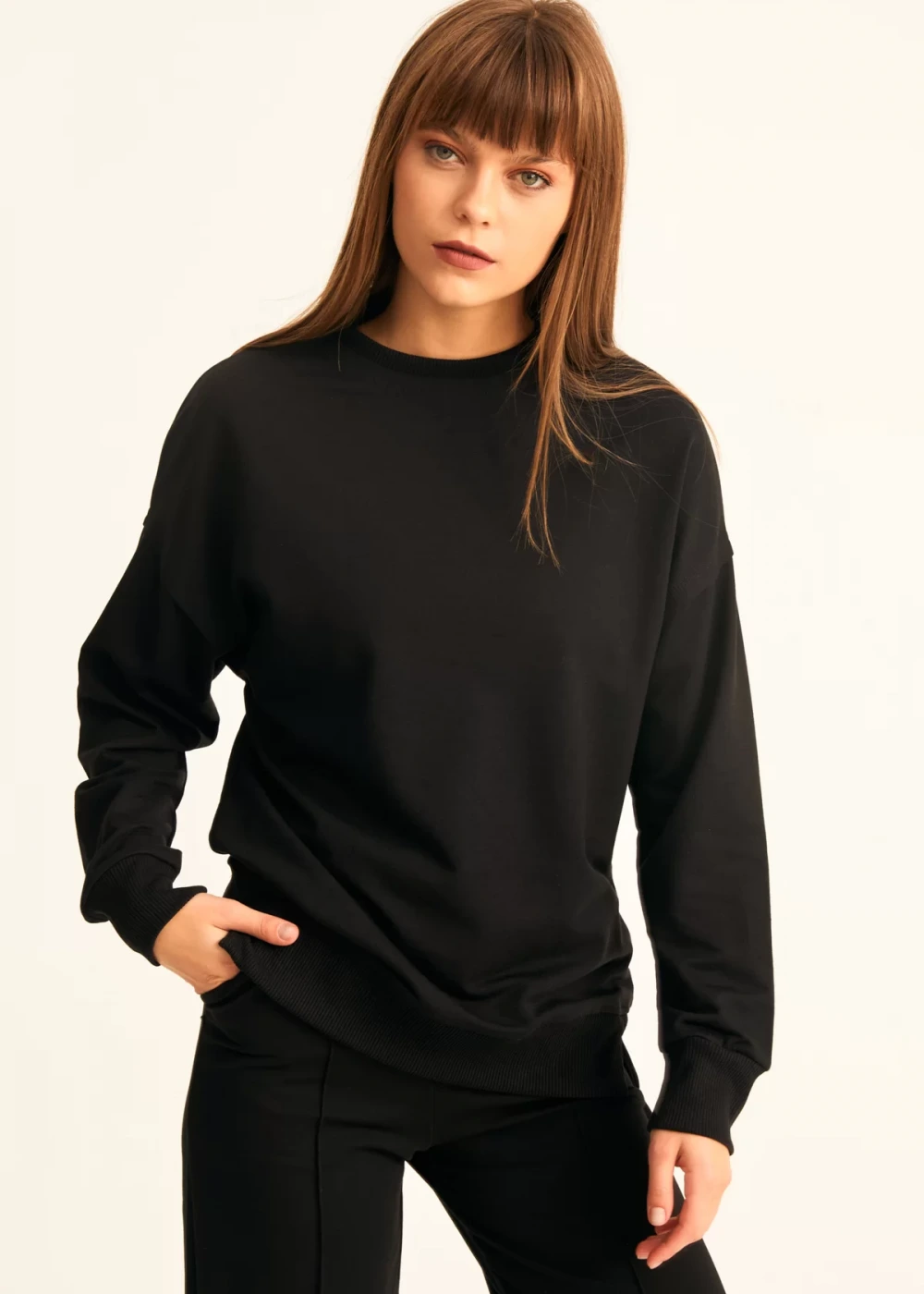 Kadın Siyah Pamuk Over Size Sweatshirt