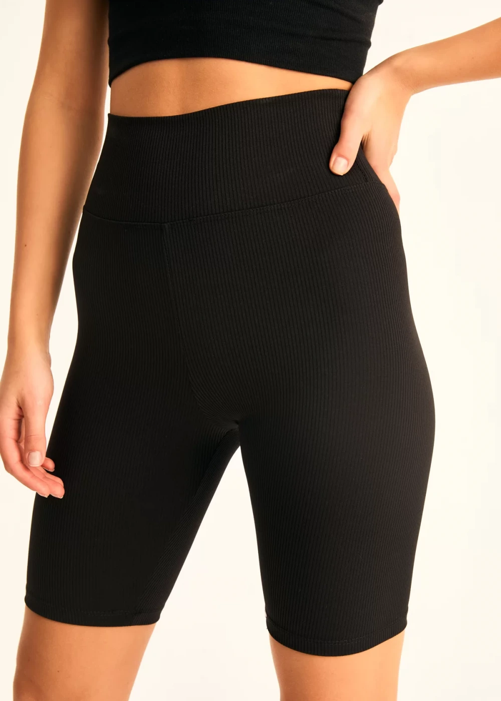 Kadın Siyah Biker Fitilli Yüksek Bel Toparlayıcı Tayt