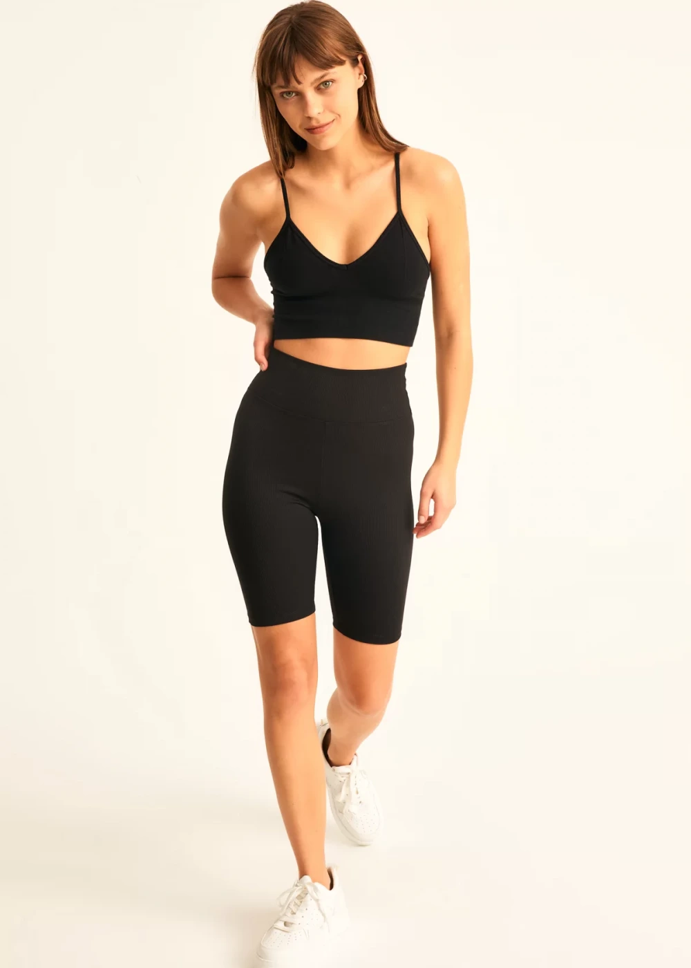 Kadın Siyah Biker Fitilli Yüksek Bel Toparlayıcı Tayt