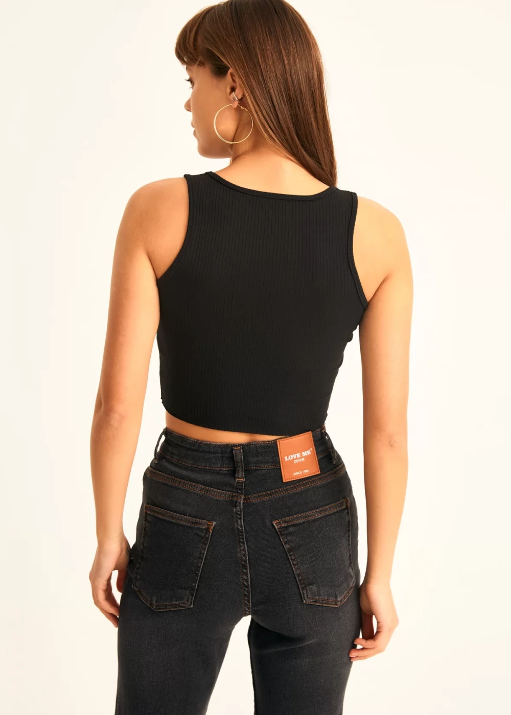 Kadın Siyah Fitilli V Yaka Crop Bluz