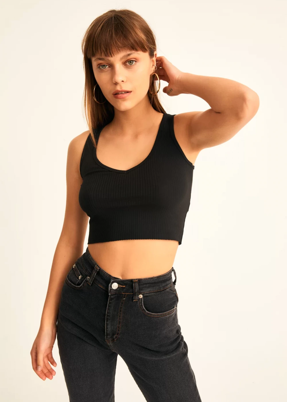 Kadın Siyah Fitilli V Yaka Crop Bluz