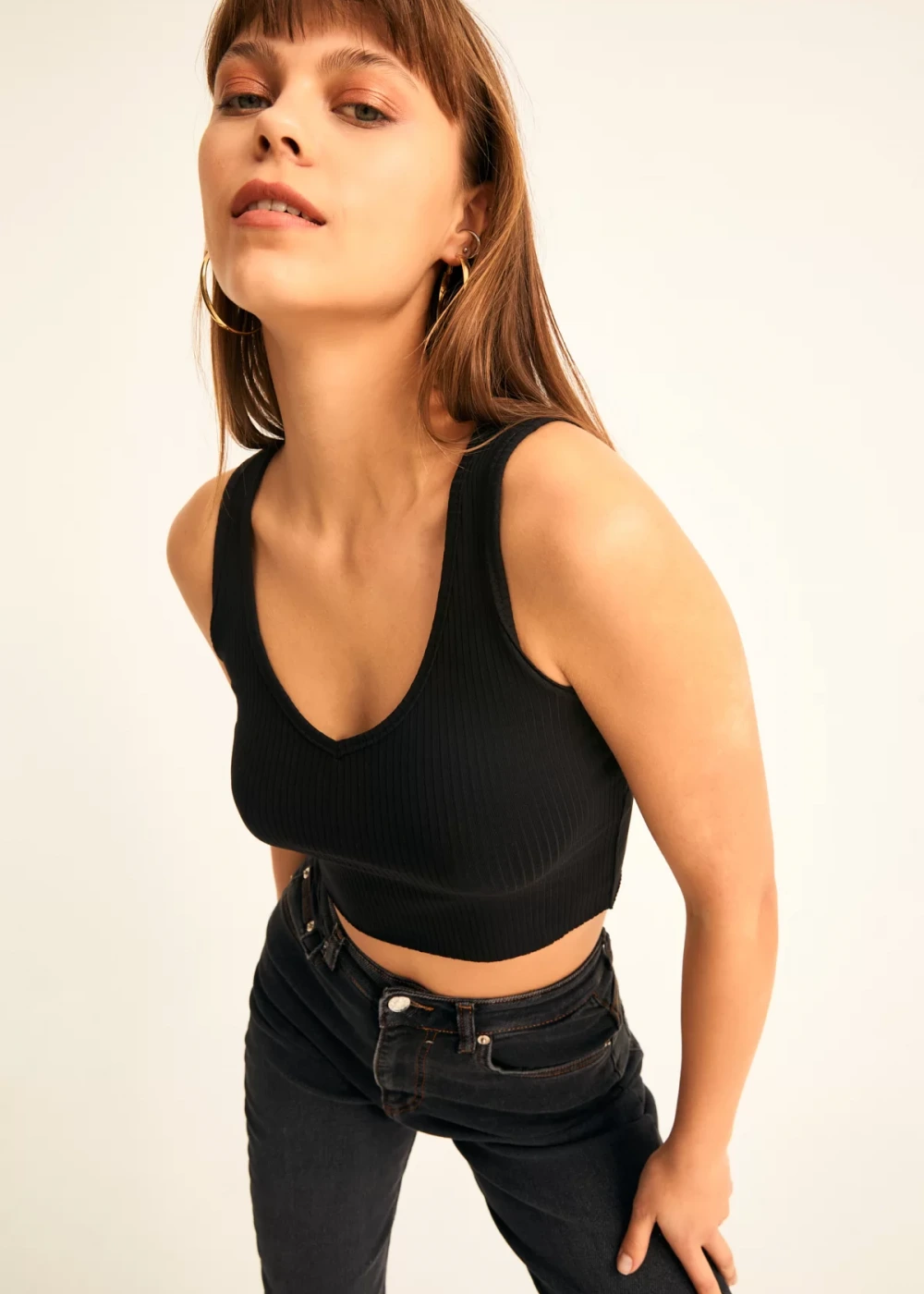 Kadın Siyah Fitilli V Yaka Crop Bluz