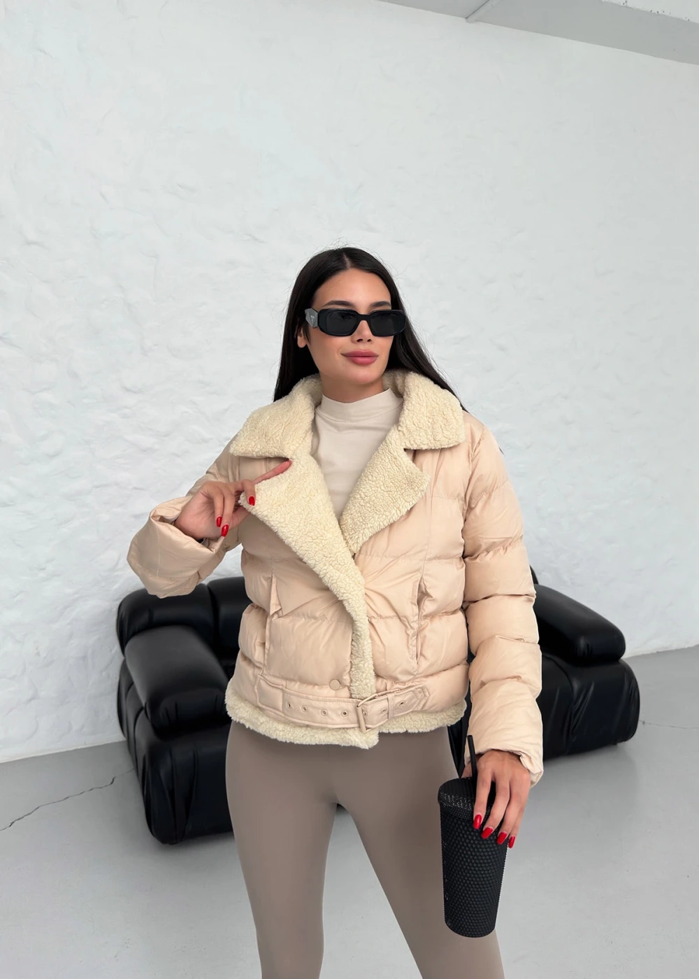 DF Kadın Bej Çıtçıtlı Beli Kemerli İçi Kürklü Biker Mont