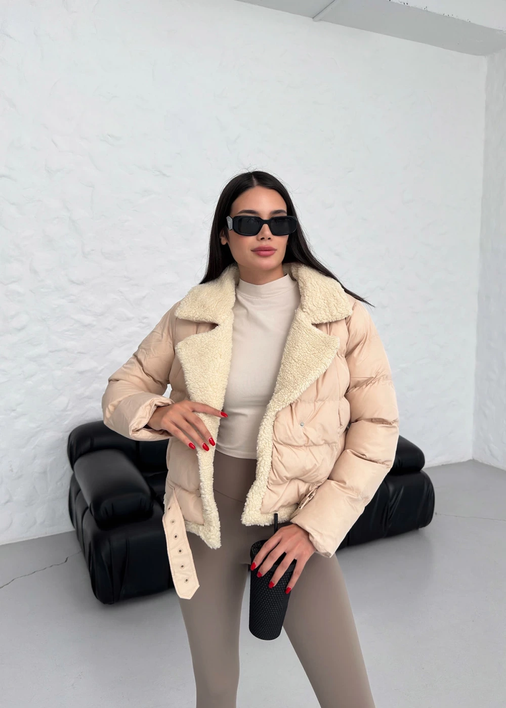 DF Kadın Bej Çıtçıtlı Beli Kemerli İçi Kürklü Biker Mont