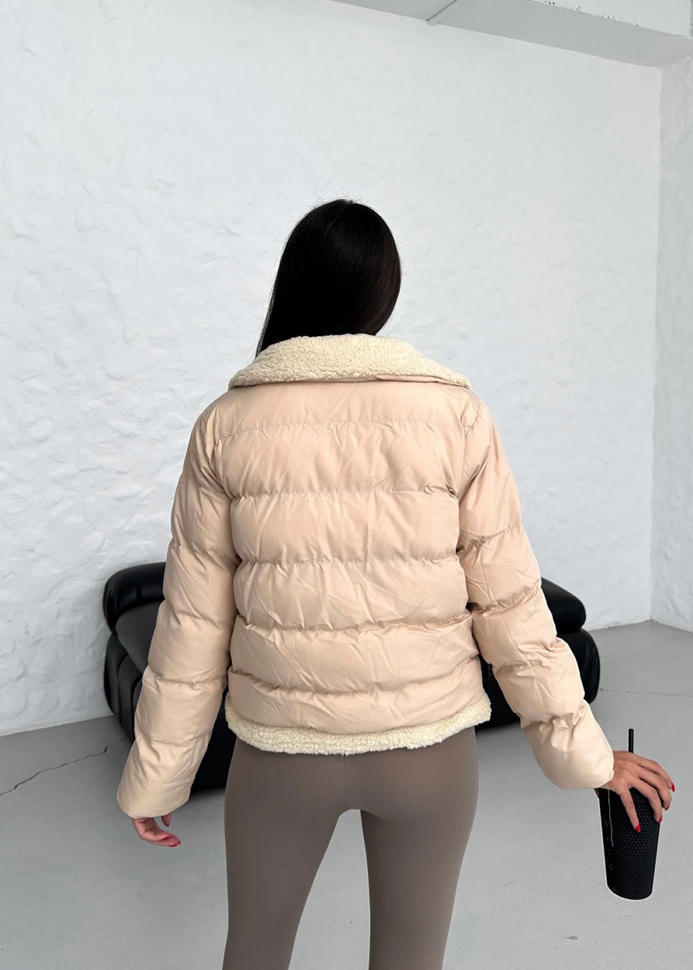 DF Kadın Bej Çıtçıtlı Beli Kemerli İçi Kürklü Biker Mont