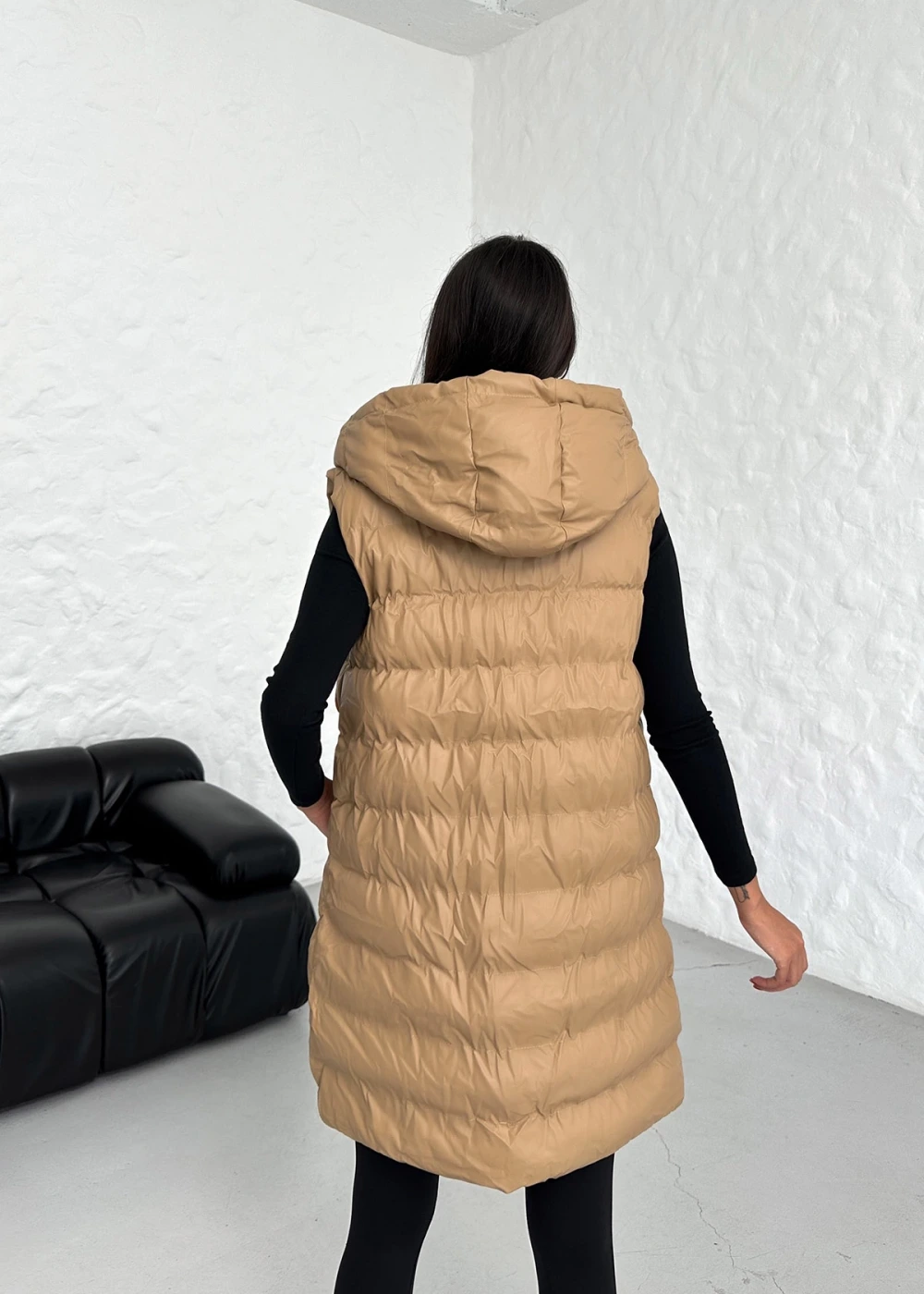 DF Kadın Camel Uzun Fermuarlı Deri Şişme Yelek