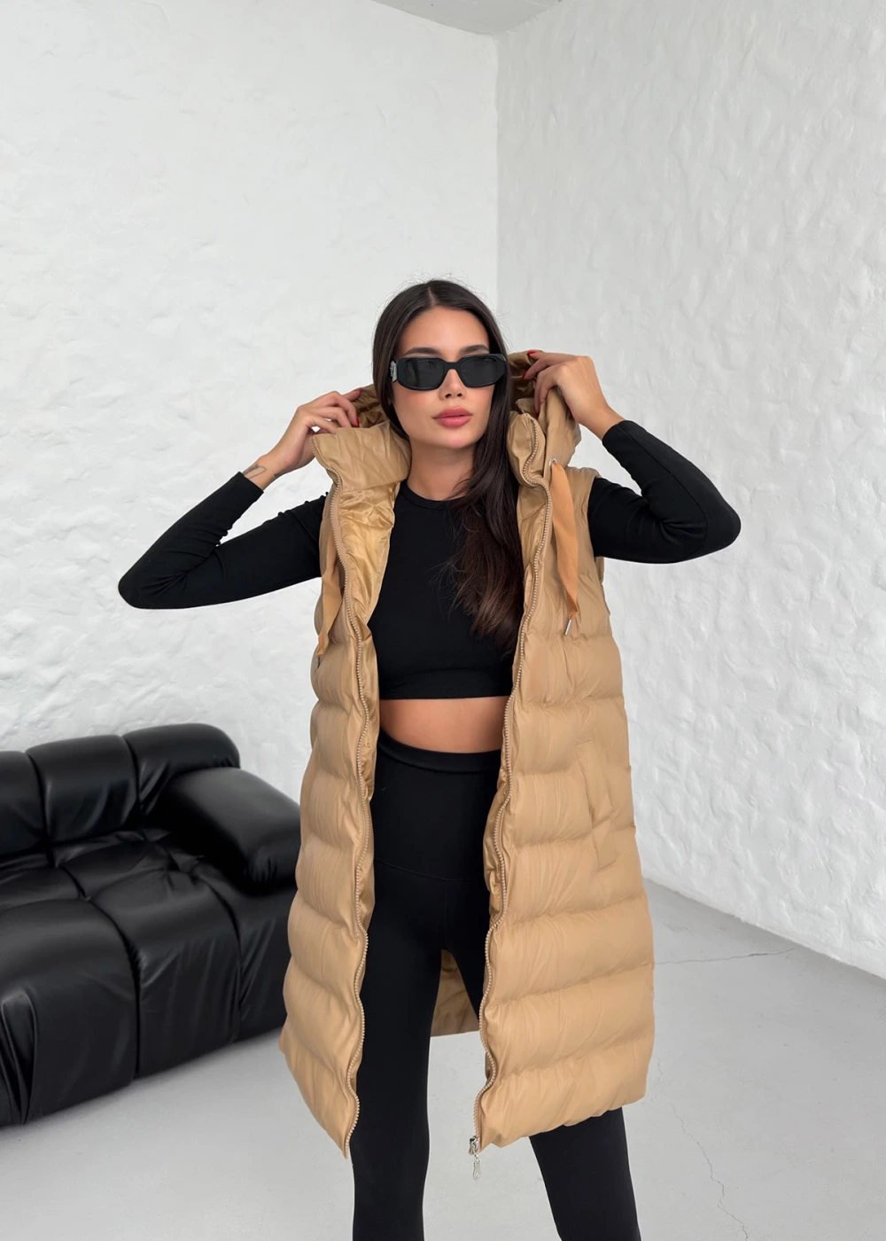 DF Kadın Camel Uzun Fermuarlı Deri Şişme Yelek