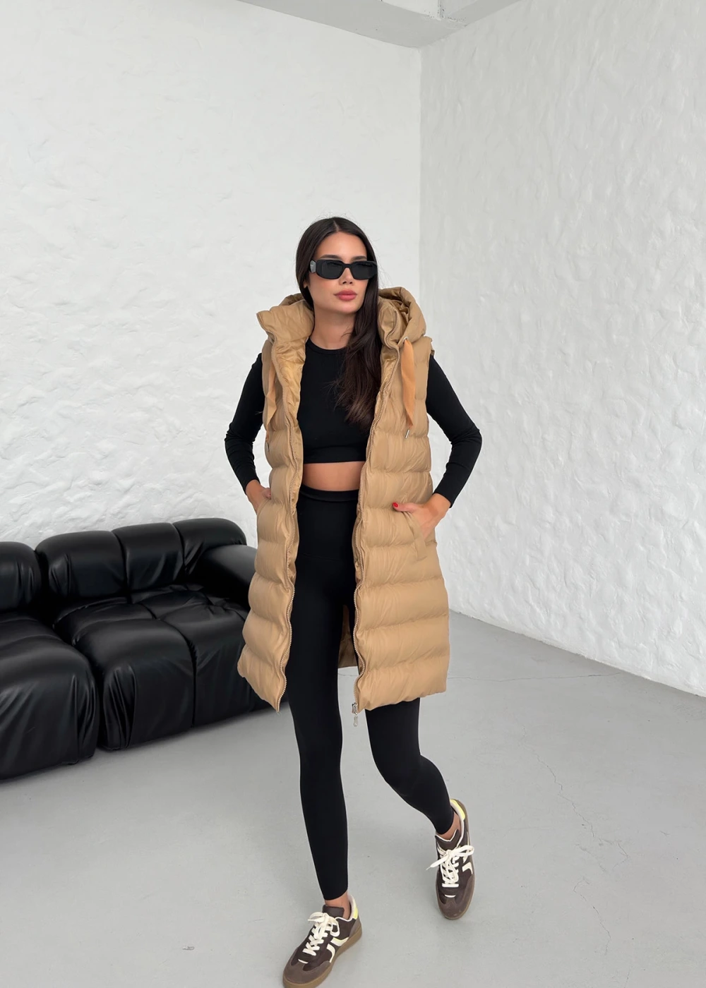 DF Kadın Camel Uzun Fermuarlı Deri Şişme Yelek