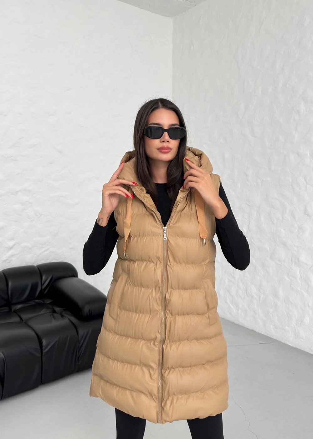 DF Kadın Camel Uzun Fermuarlı Deri Şişme Yelek