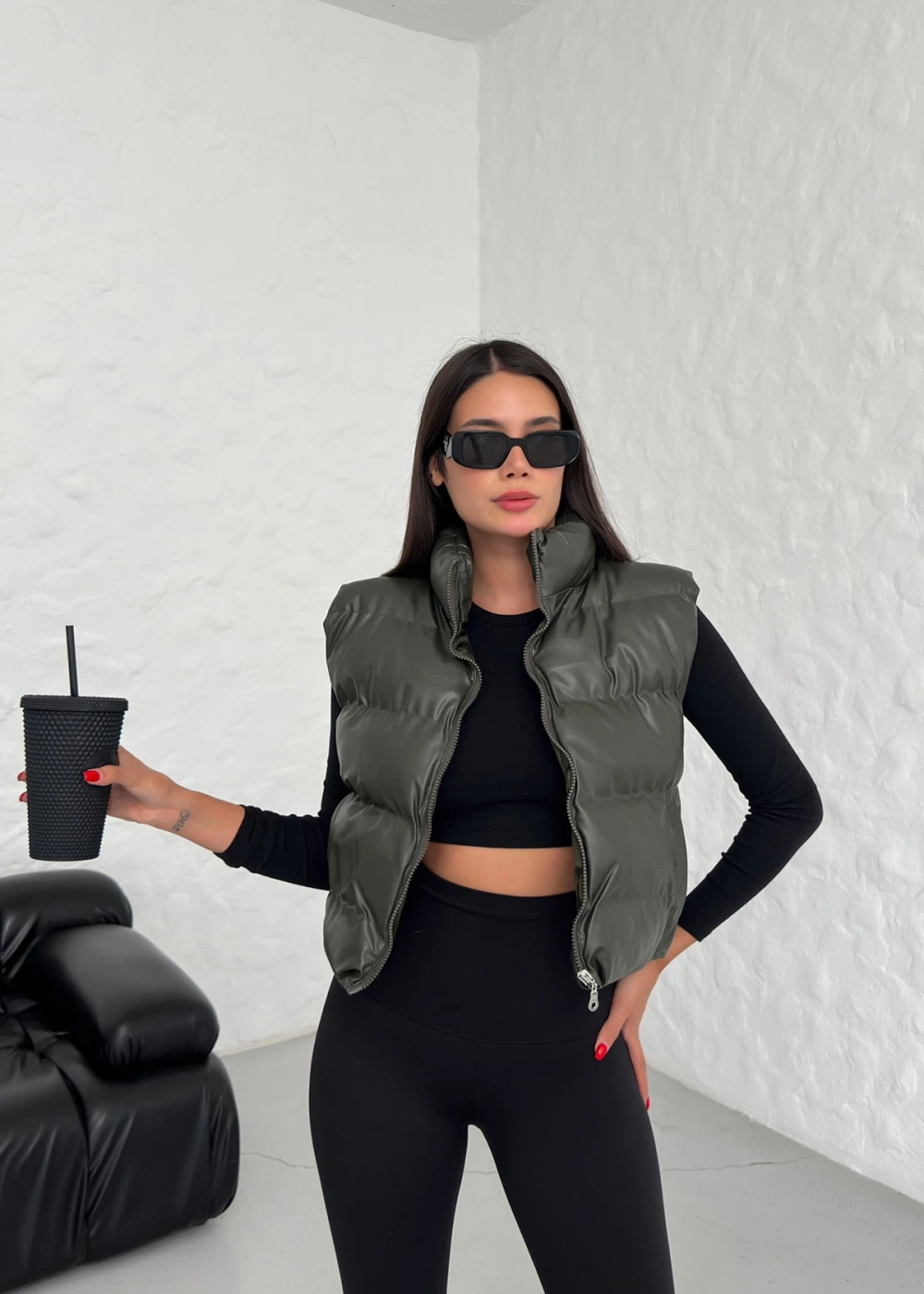 DF Kadın Haki Fermuarlı Deri Şişme Yelek