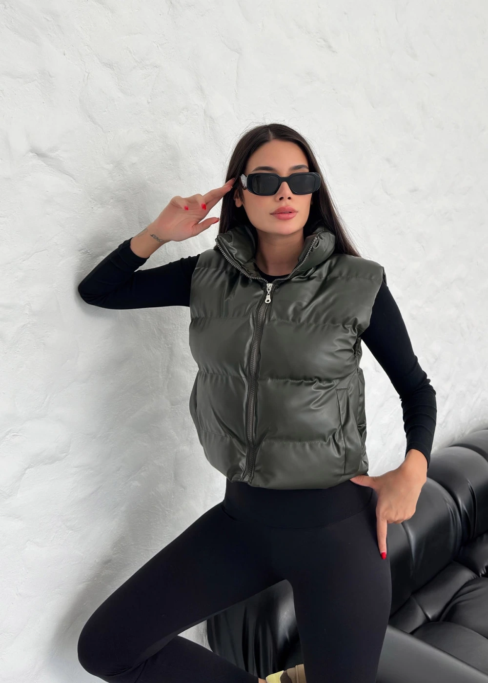 DF Kadın Haki Fermuarlı Deri Şişme Yelek