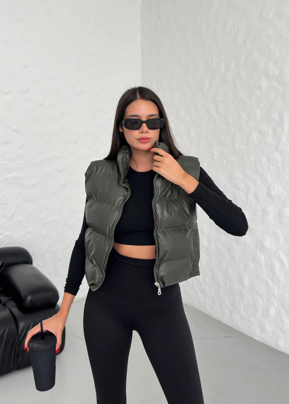 DF Kadın Haki Fermuarlı Deri Şişme Yelek