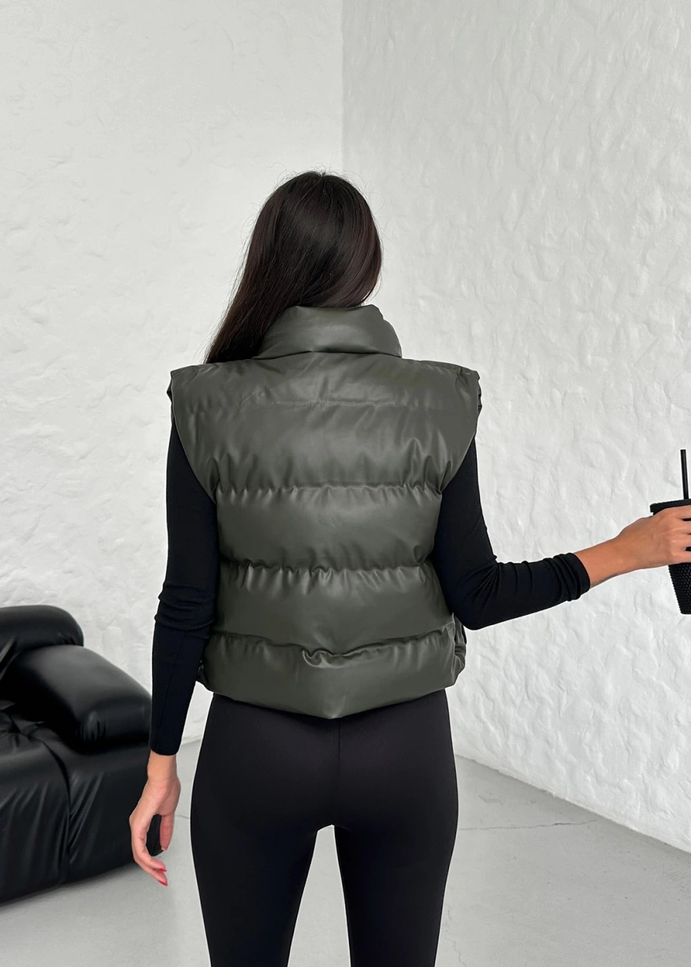 DF Kadın Haki Fermuarlı Deri Şişme Yelek