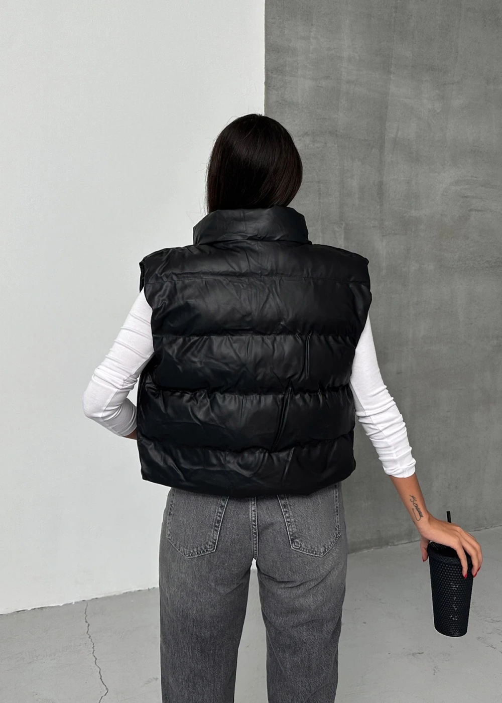 DF Kadın Siyah Fermuarlı Deri Şişme Yelek