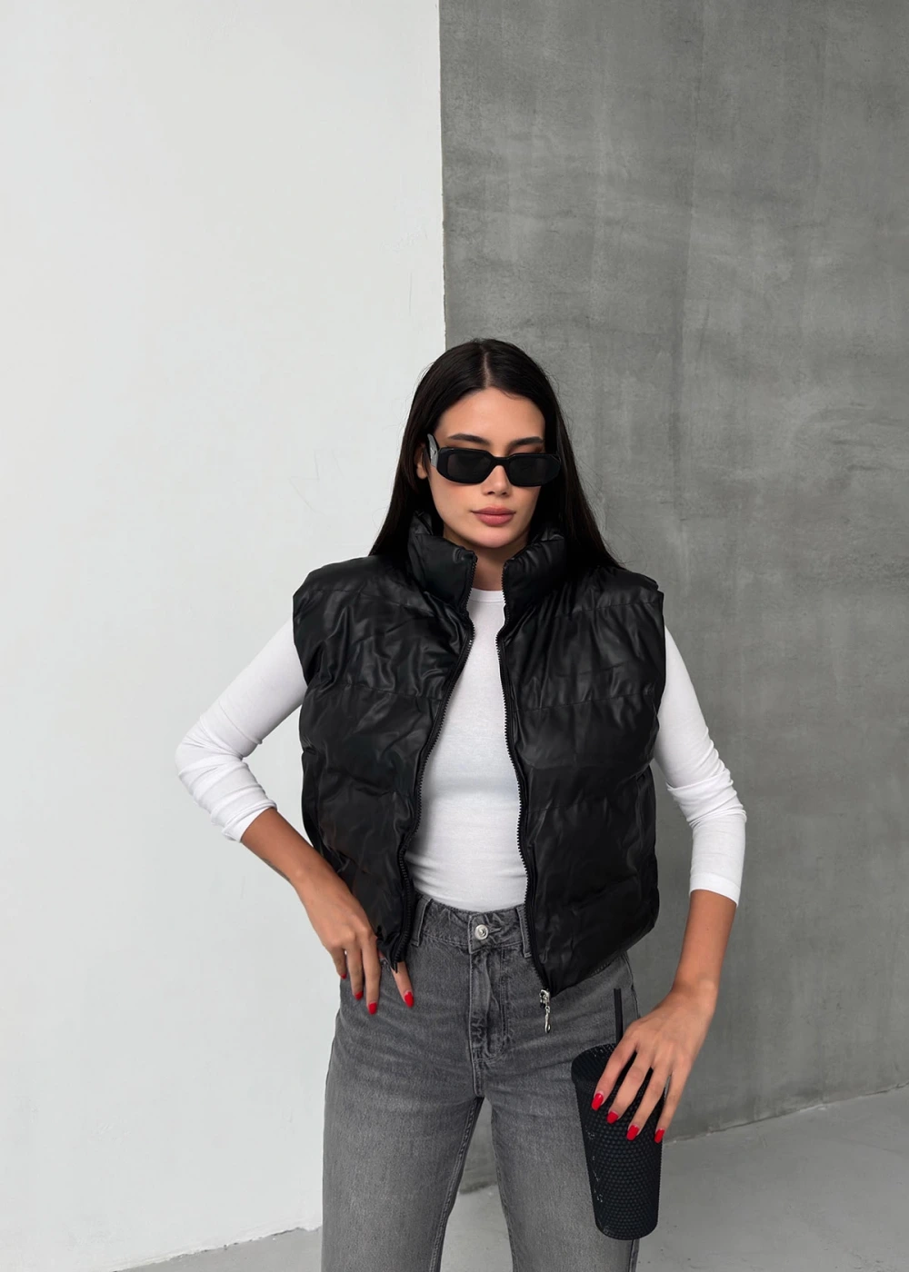 DF Kadın Siyah Fermuarlı Deri Şişme Yelek