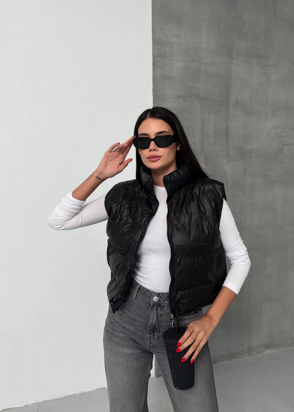 DF Kadın Siyah Fermuarlı Deri Şişme Yelek