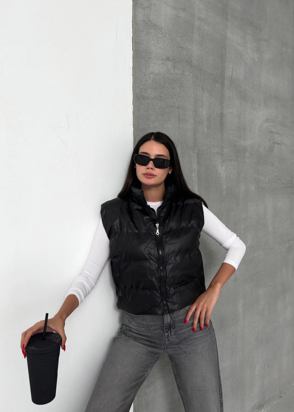 DF Kadın Siyah Fermuarlı Deri Şişme Yelek