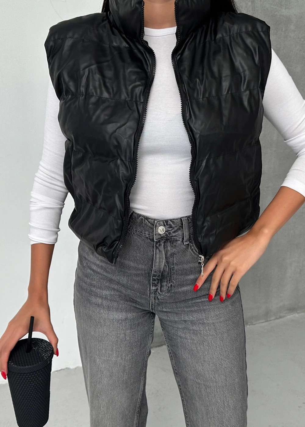 DF Kadın Siyah Fermuarlı Deri Şişme Yelek