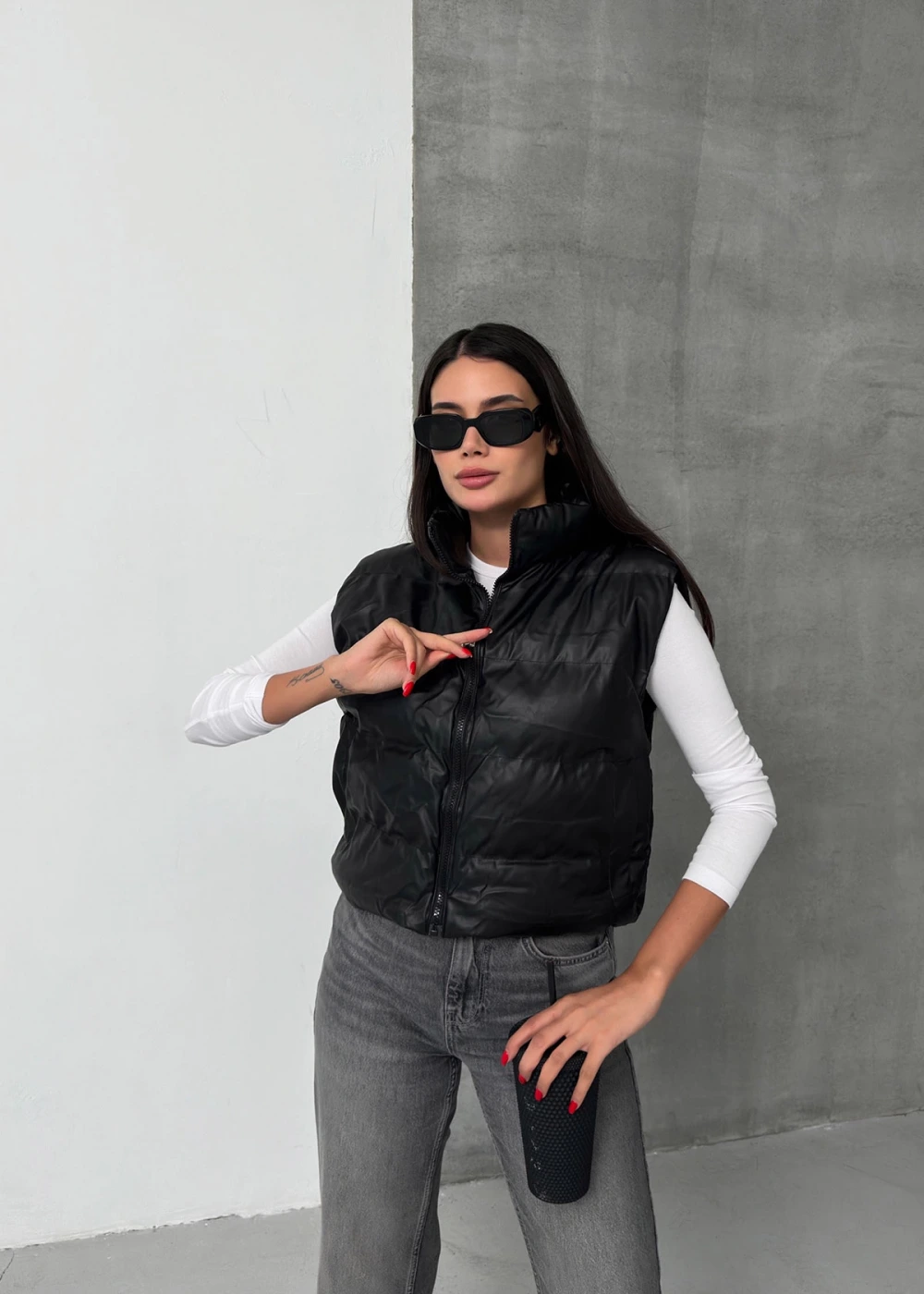 DF Kadın Siyah Fermuarlı Deri Şişme Yelek