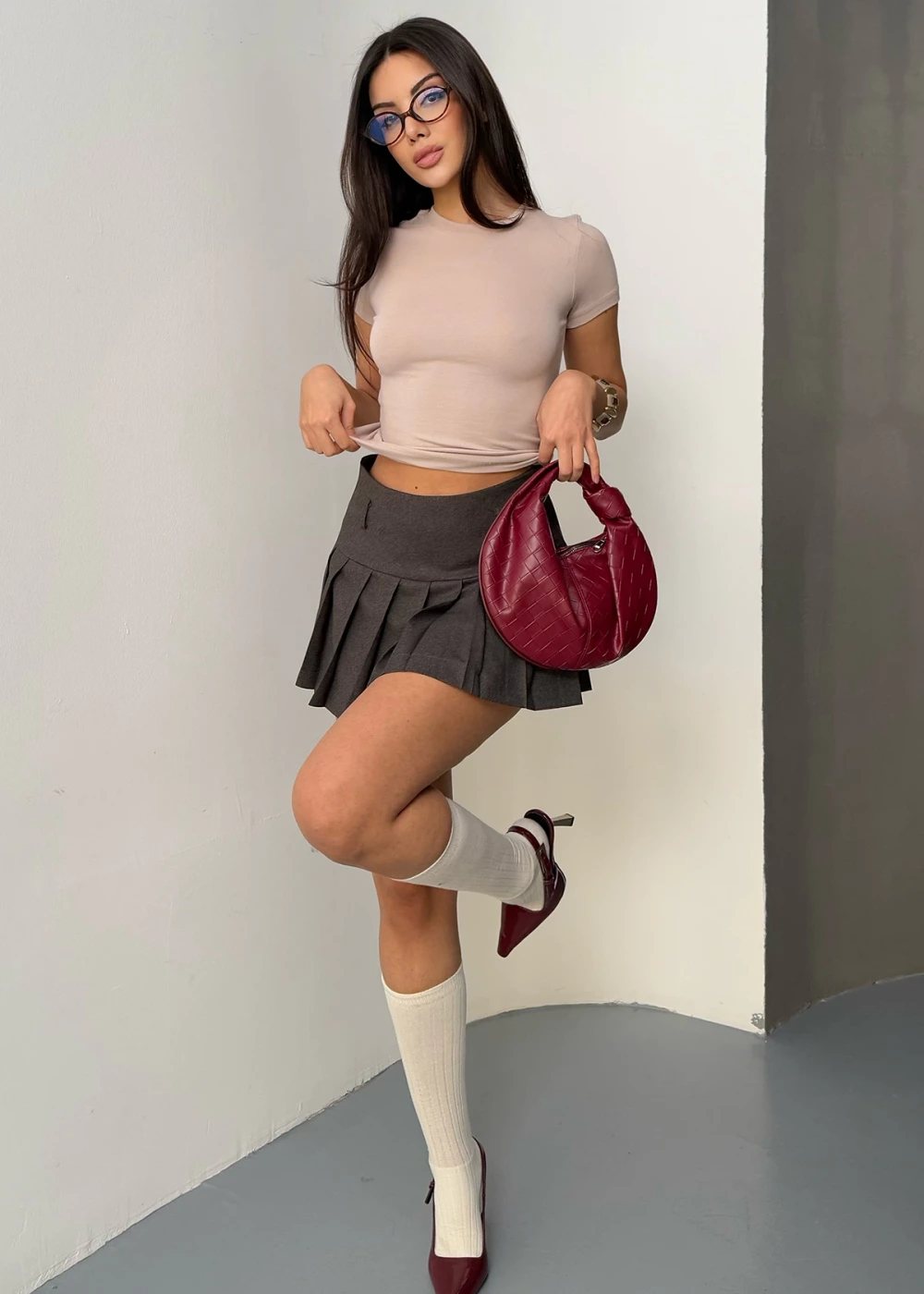 Kadın Bej Buzy Modal Kumaş Bisiklet Yaka Basic Kısa Kol Bluz