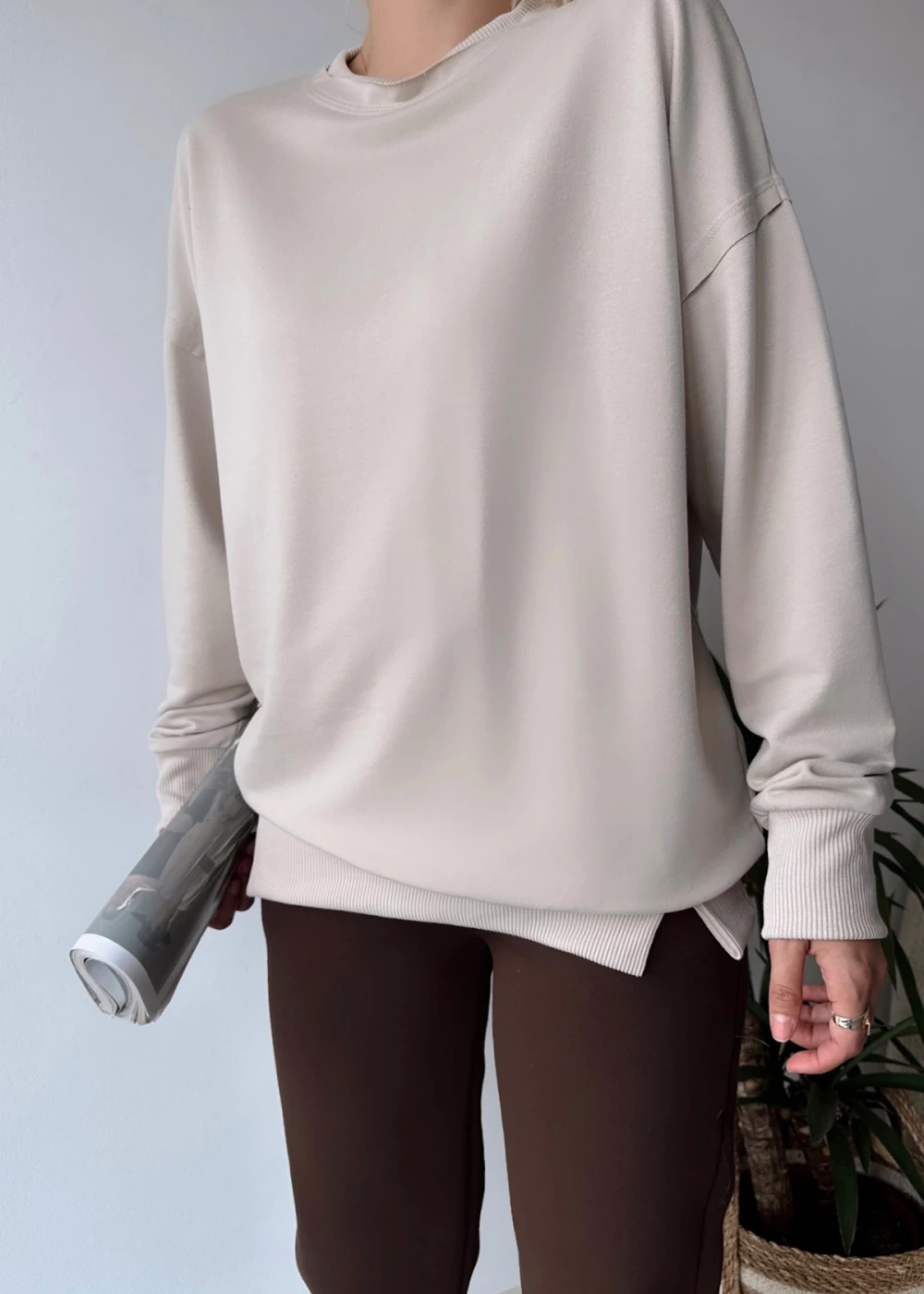 Kadın Bej Over Size Luxury Basic Sweatshirt