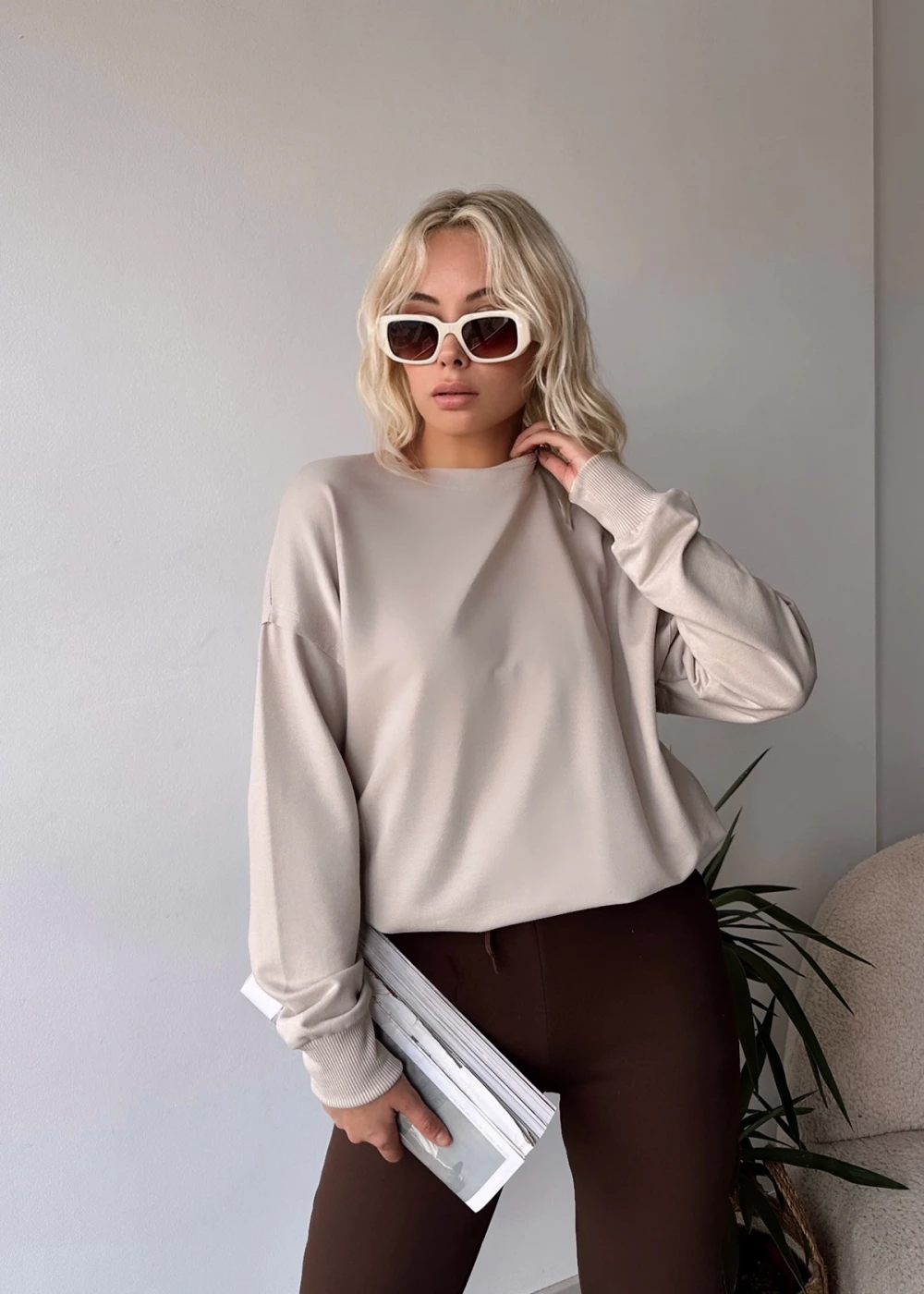Kadın Bej Over Size Luxury Basic Sweatshirt