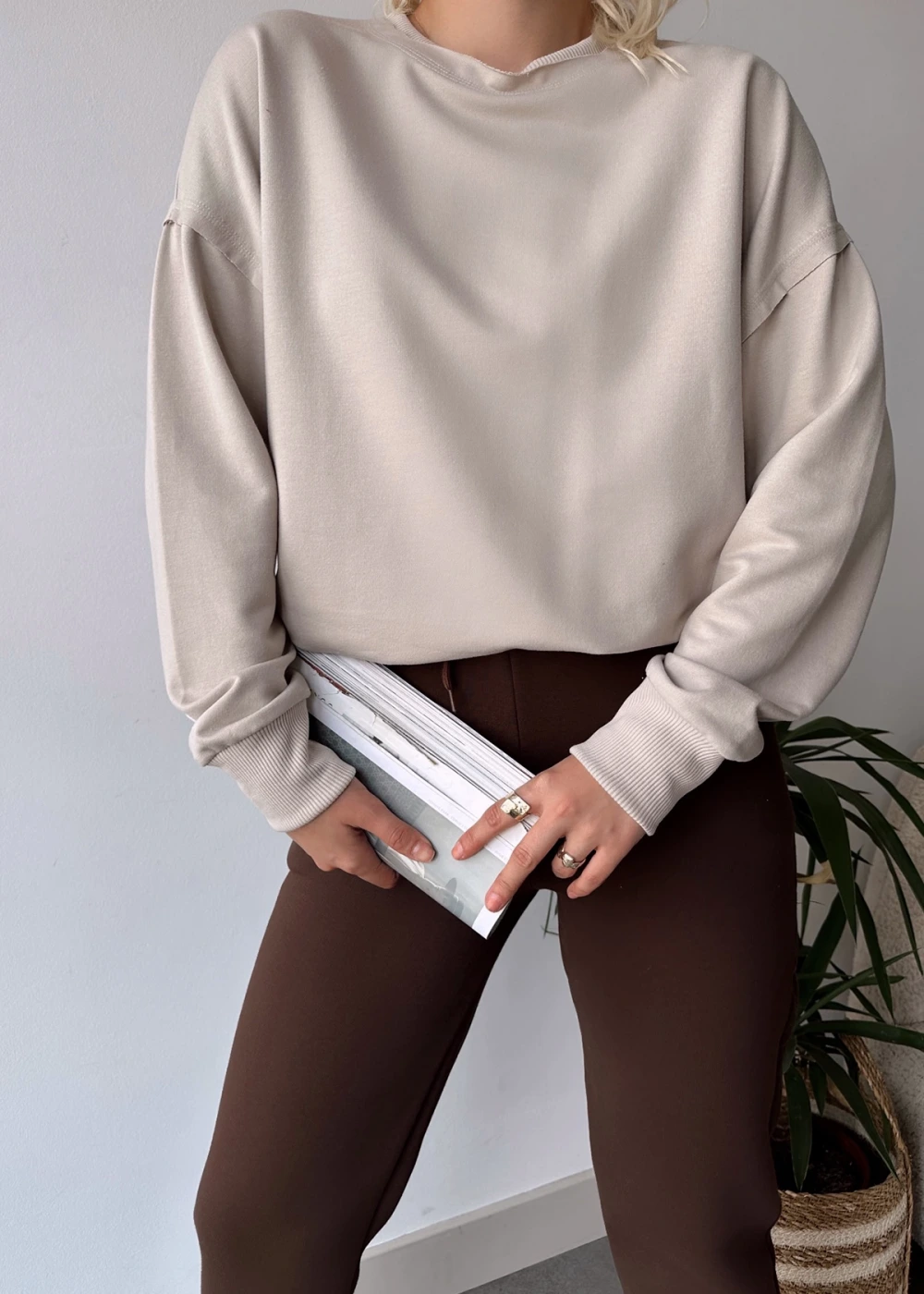 Kadın Bej Over Size Luxury Basic Sweatshirt