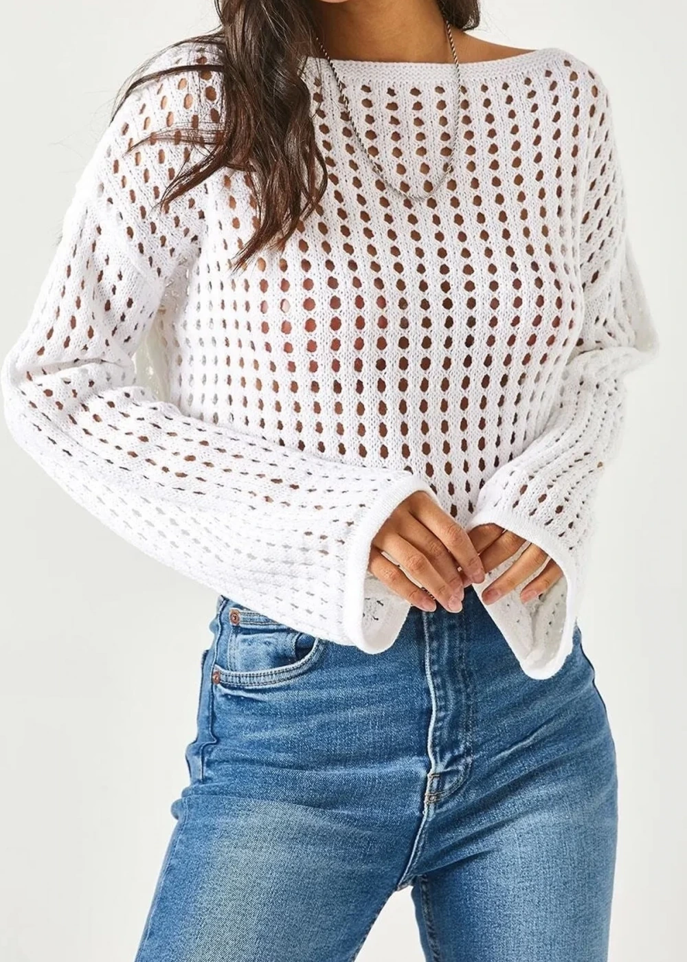 Kadın Beyaz Ajurlu Triko Crop Bluz