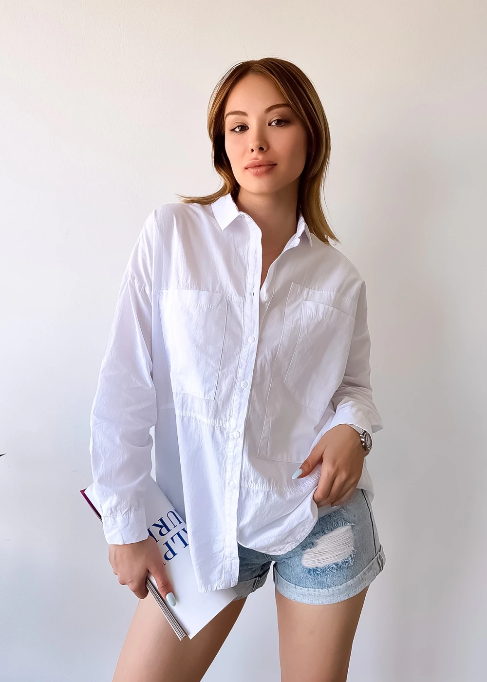 Kadın Beyaz Çift Cep Detaylı Gömlek