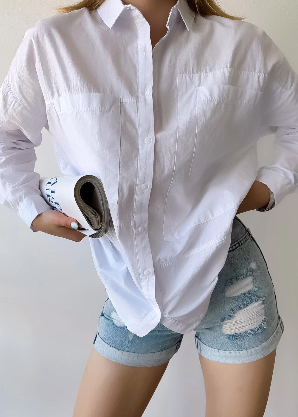 Kadın Beyaz Çift Cep Detaylı Gömlek