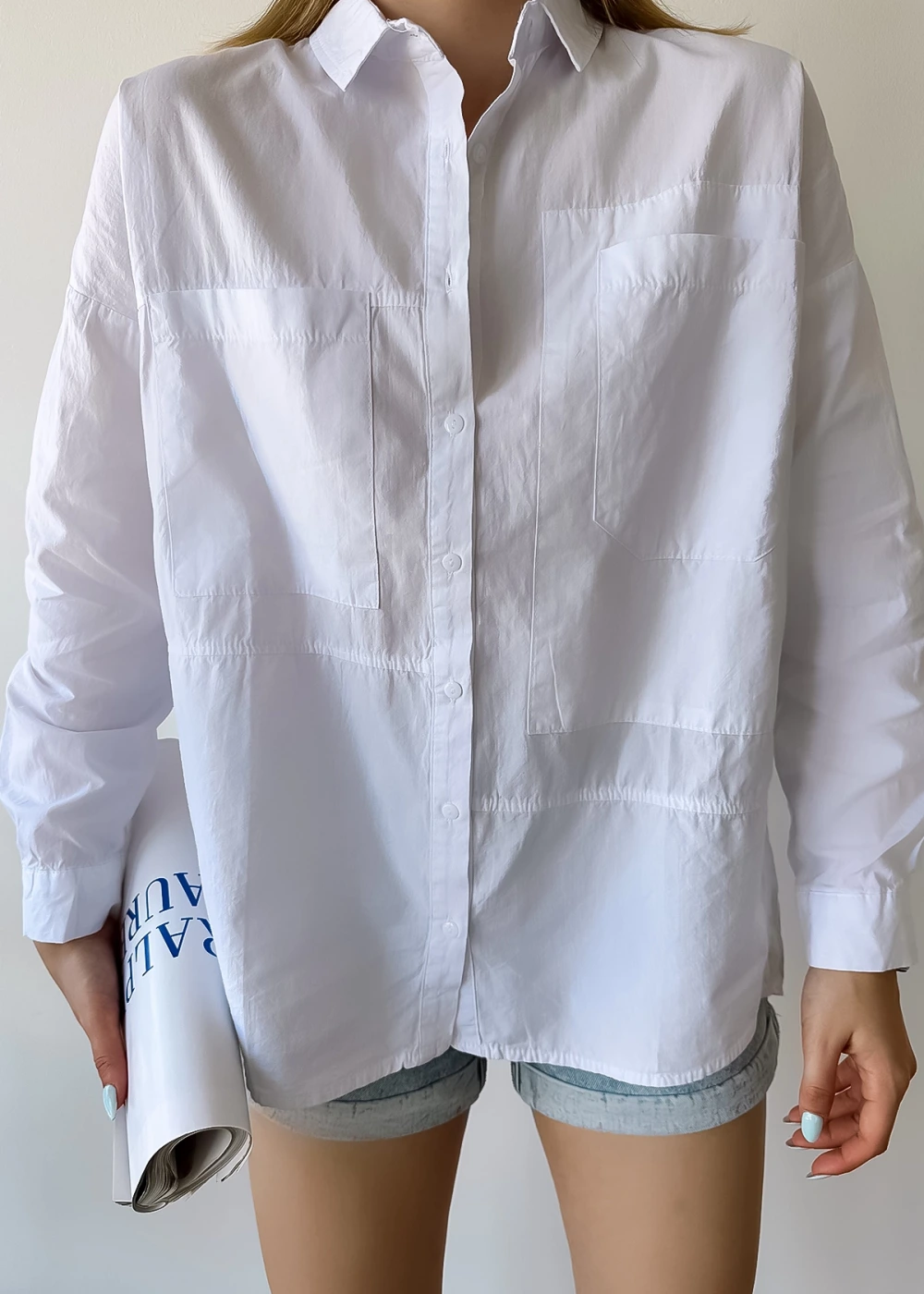 Kadın Beyaz Çift Cep Detaylı Gömlek