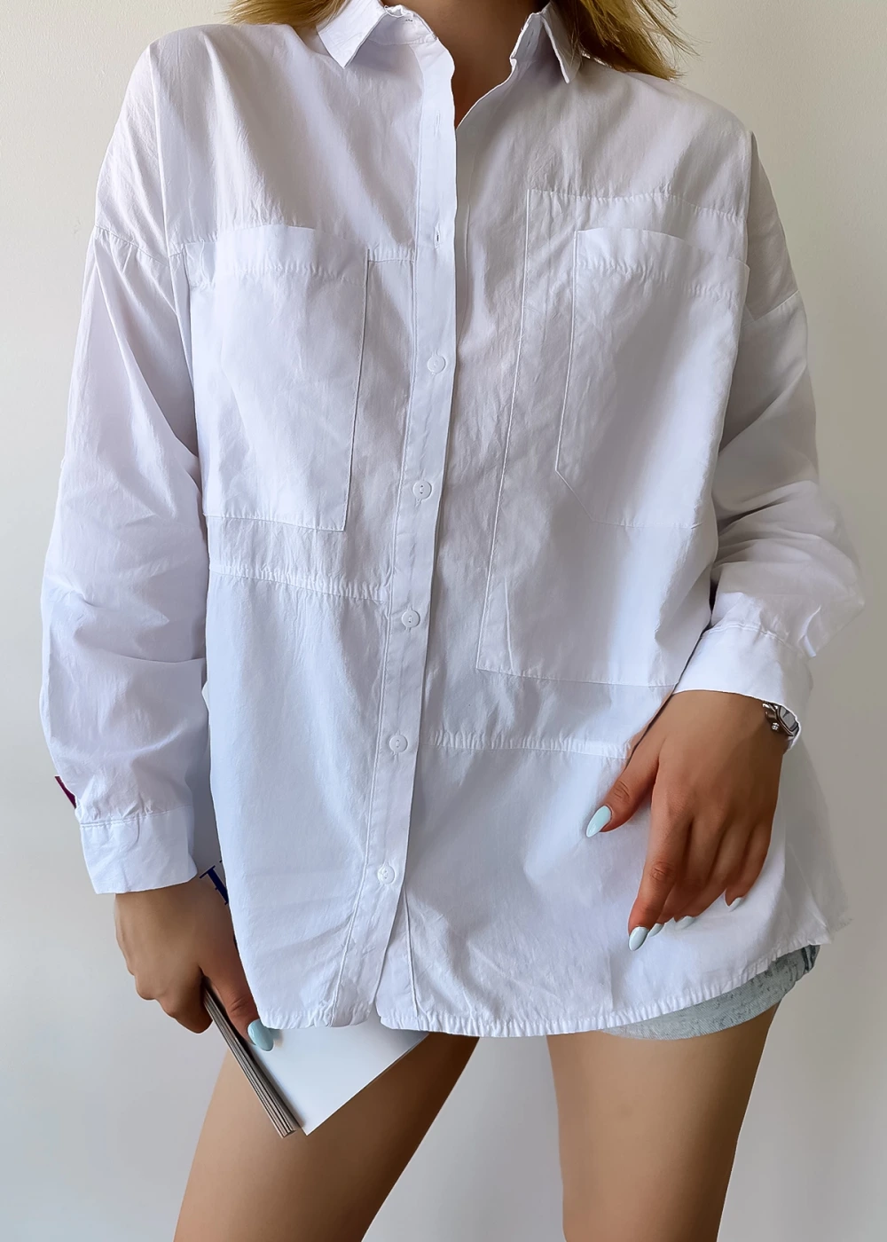 Kadın Beyaz Çift Cep Detaylı Gömlek