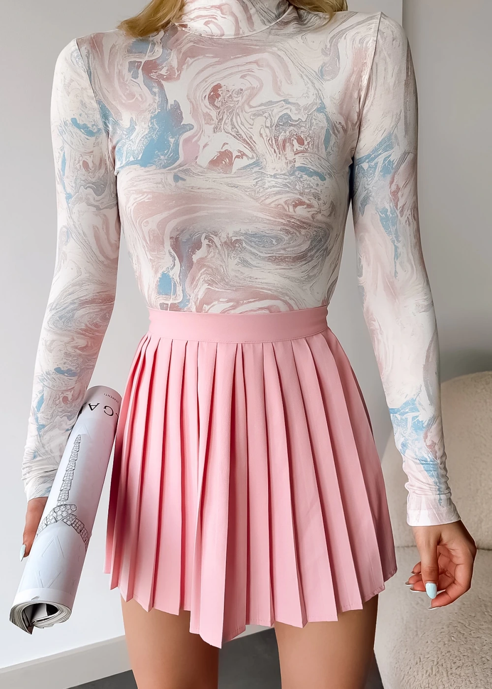 Kadın Beyaz Wave Desen Dik Yaka Uzun Kollu Bluz