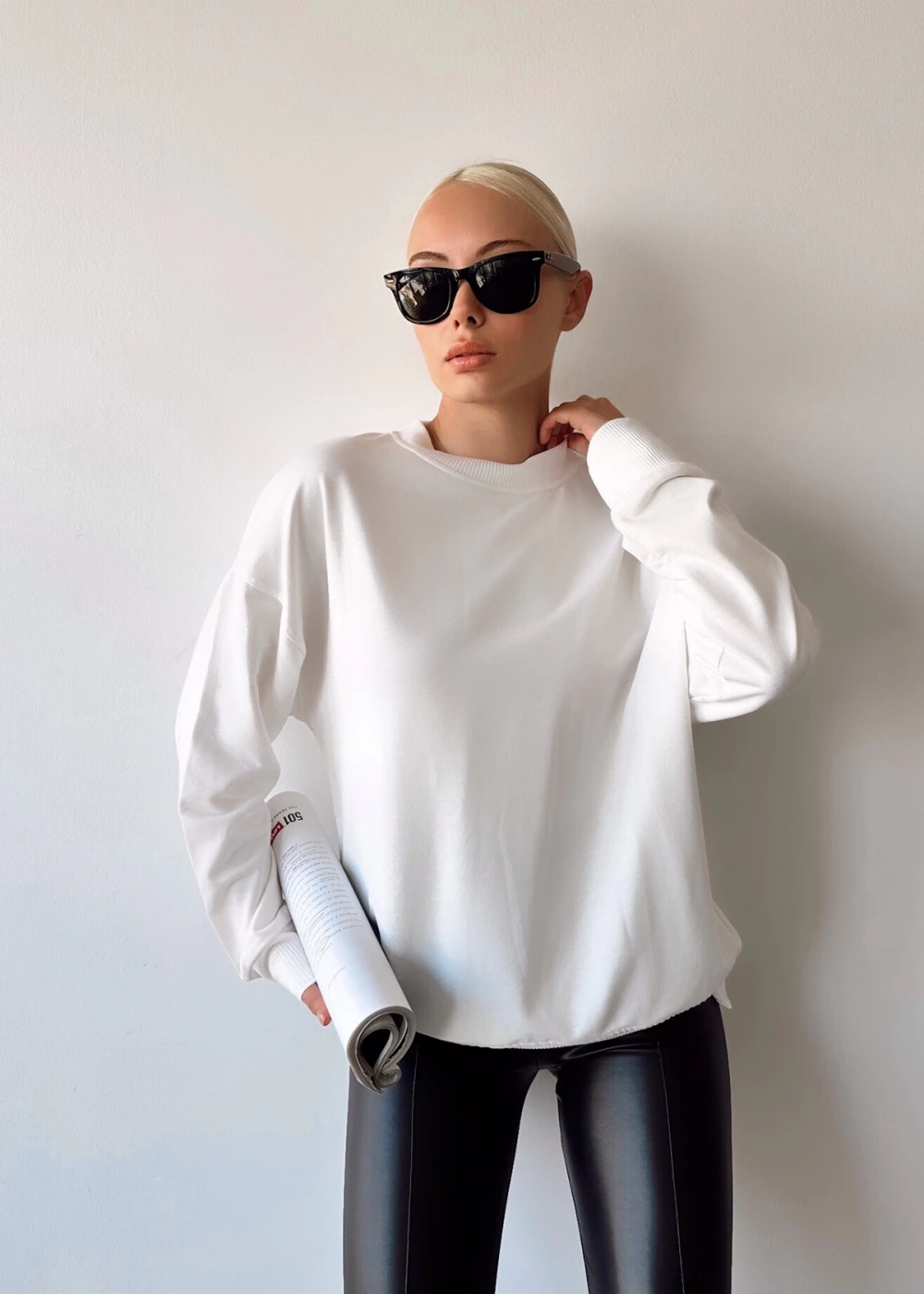 Kadın Beyaz Over Size Luxury Basic Sweatshirt
