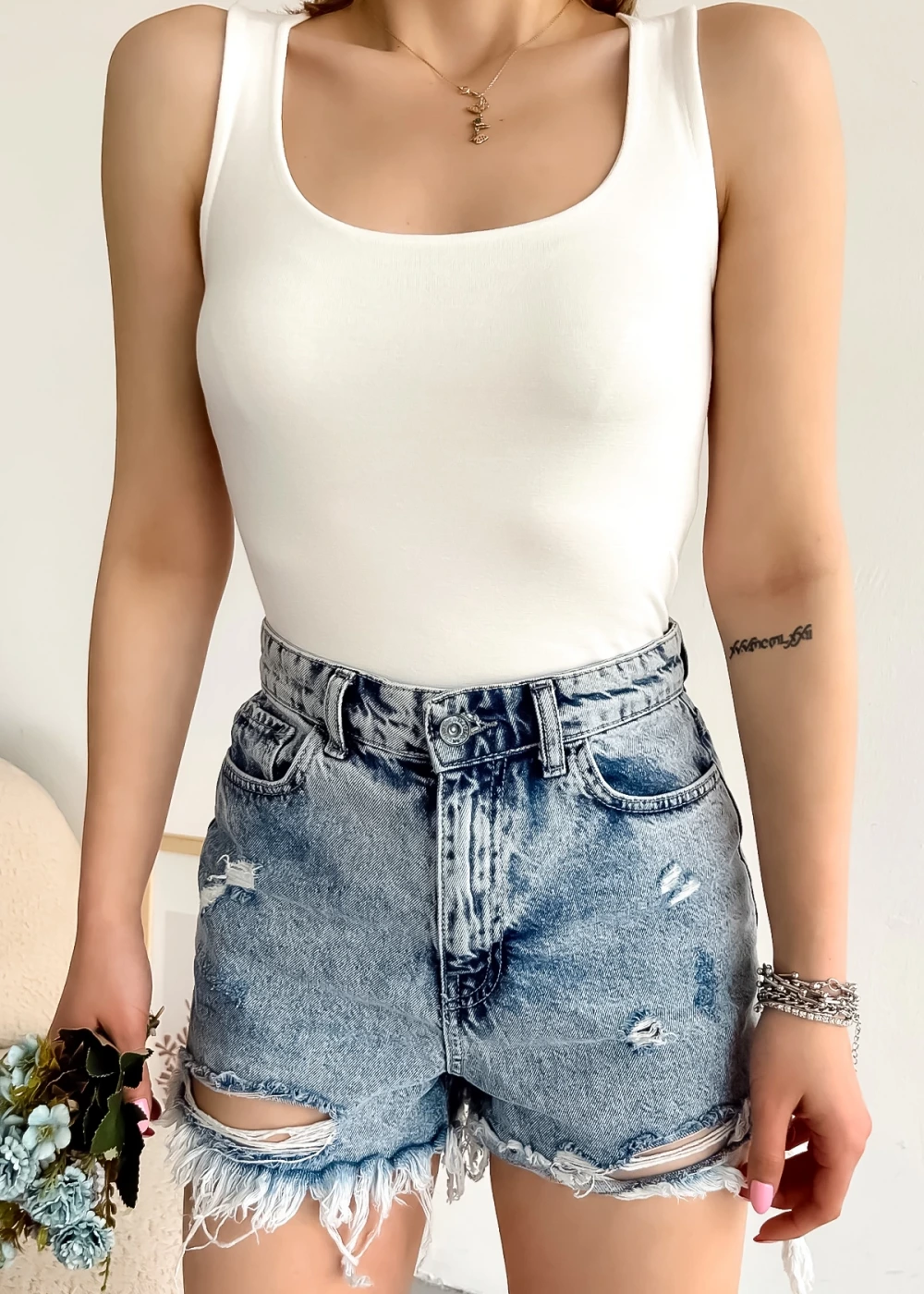 Kadın Beyaz Sıfır Kol Luxury Önü Çift Kat Viskon Bluz