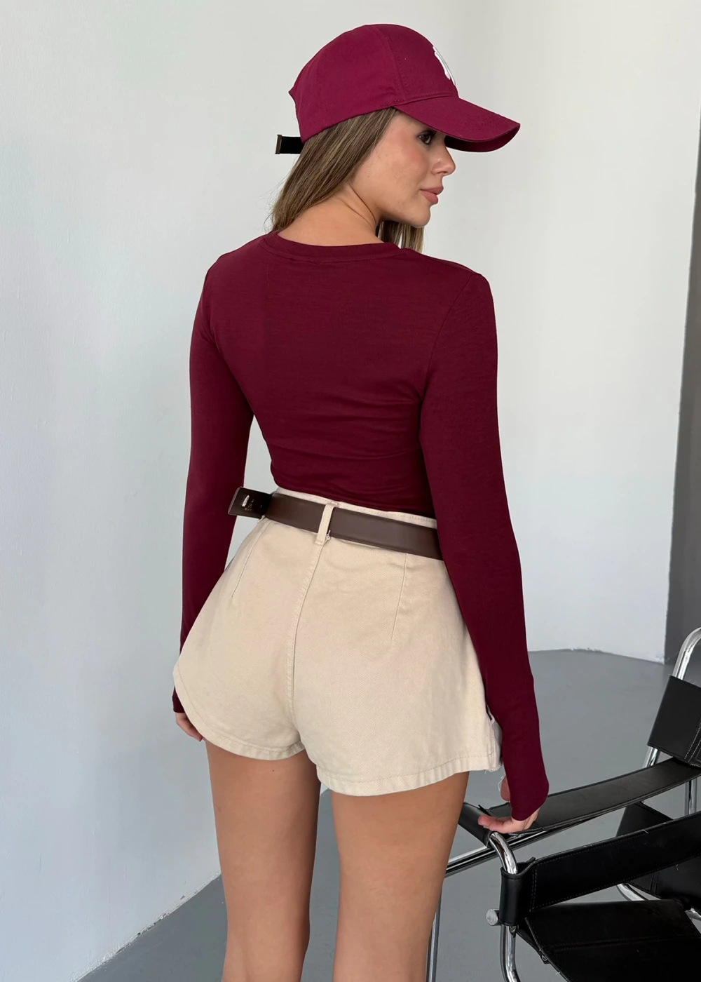 Kadın Bordo Bisiklet Yaka Parmak Geçmeli Modal Kumaş Body