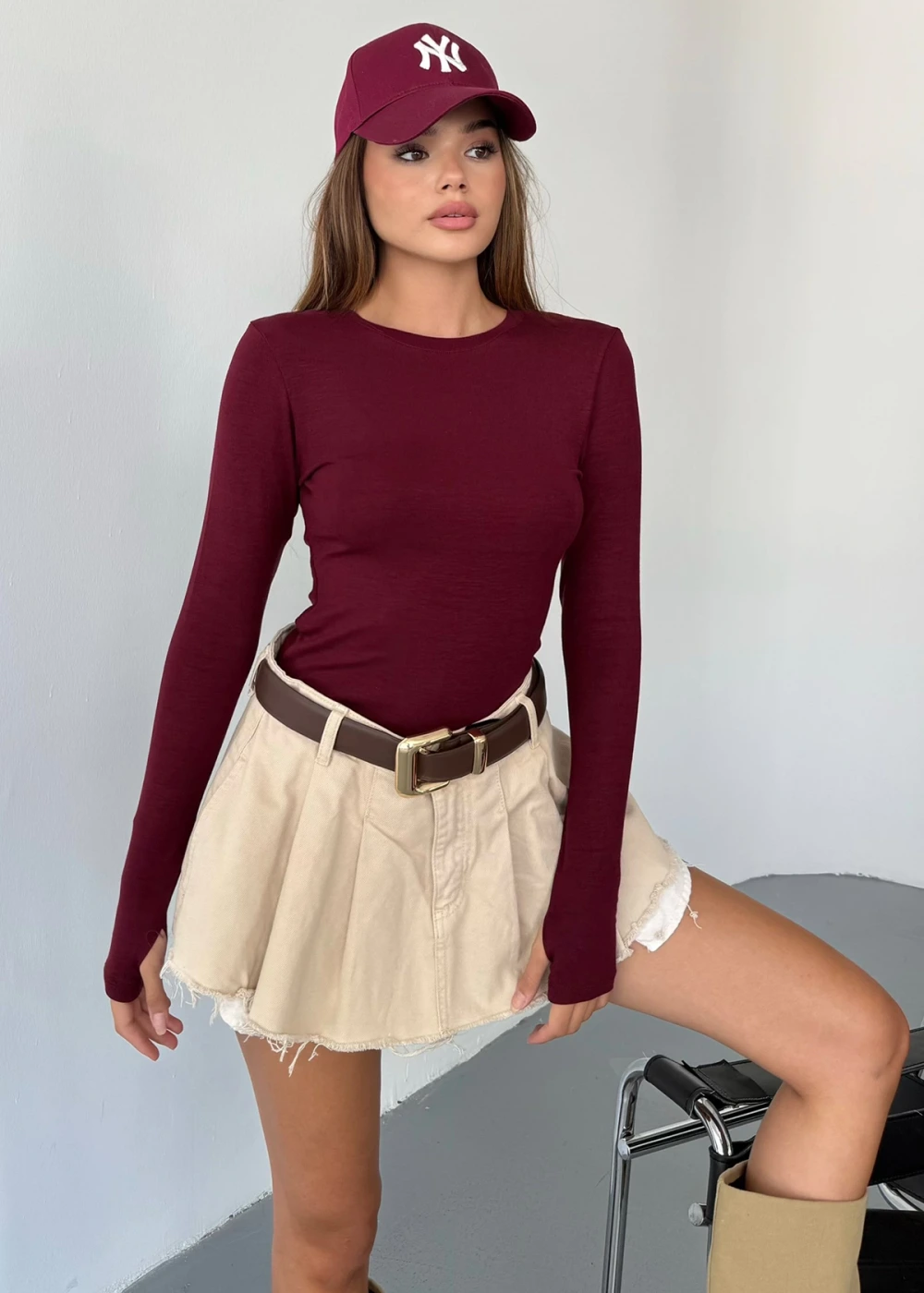 Kadın Bordo Bisiklet Yaka Parmak Geçmeli Modal Kumaş Body